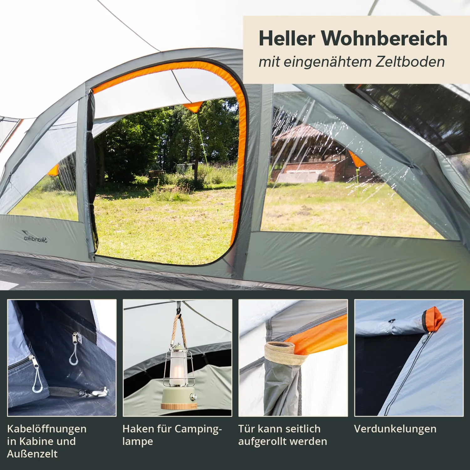 Heller Wohnbereich eines Zeltes mit Fensteröffnungen, seitlicher Tür und Kabelöffnungen. Sicht auf eine Wiese.