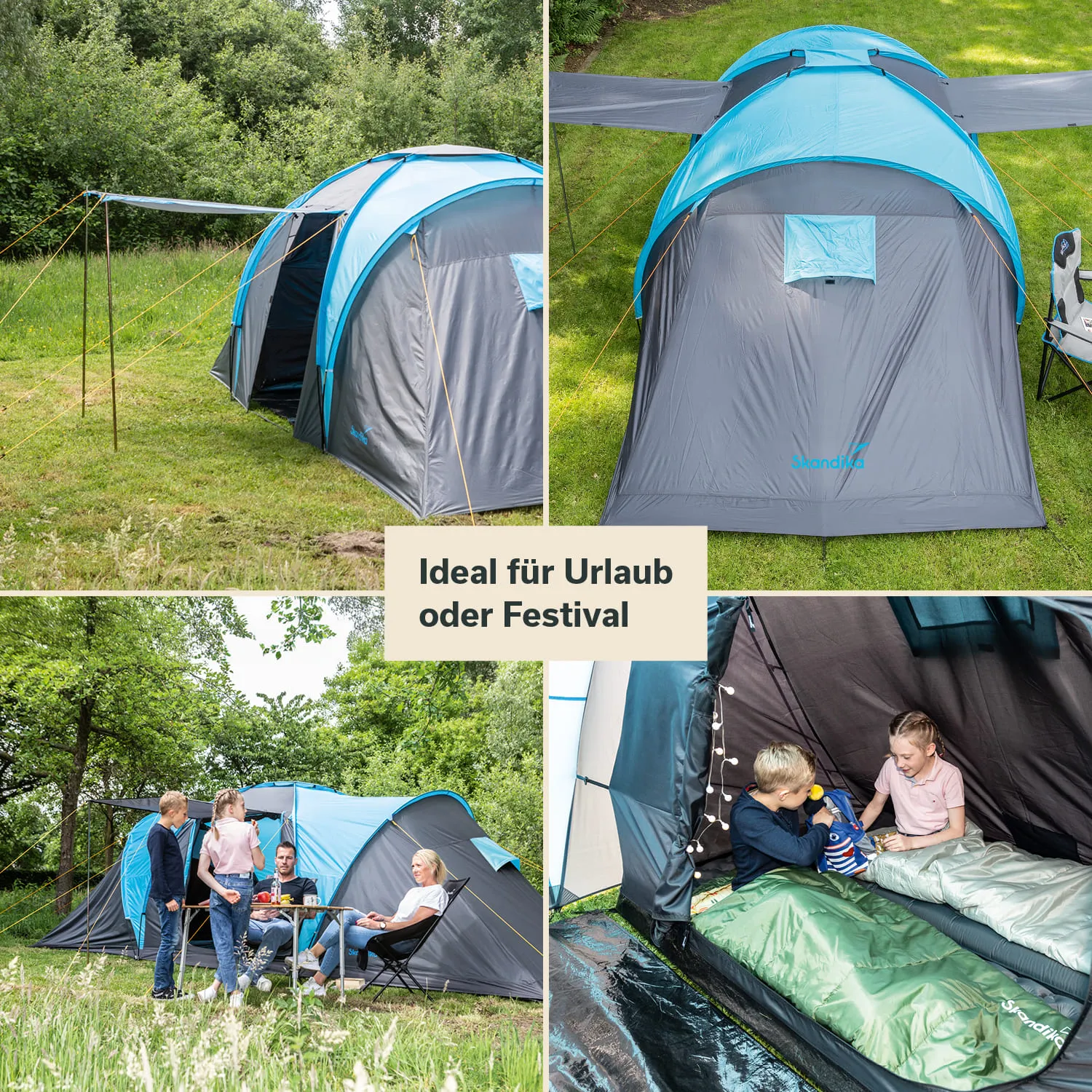 Zelt mit blauer und grauer Farbgestaltung auf einer Wiese, umgeben von Bäumen. Vier Bildausschnitte zeigen das Zelt, eine Familie beim Sitzen, sowie Kinder in Schlafsäcken.