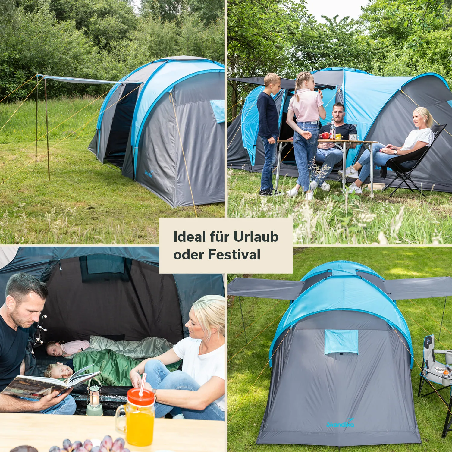 Zelt mit blauer und grauer Farbe auf einer Wiese Personen sitzen und stehen an einem Tisch, im Zelt sind zwei Personen.