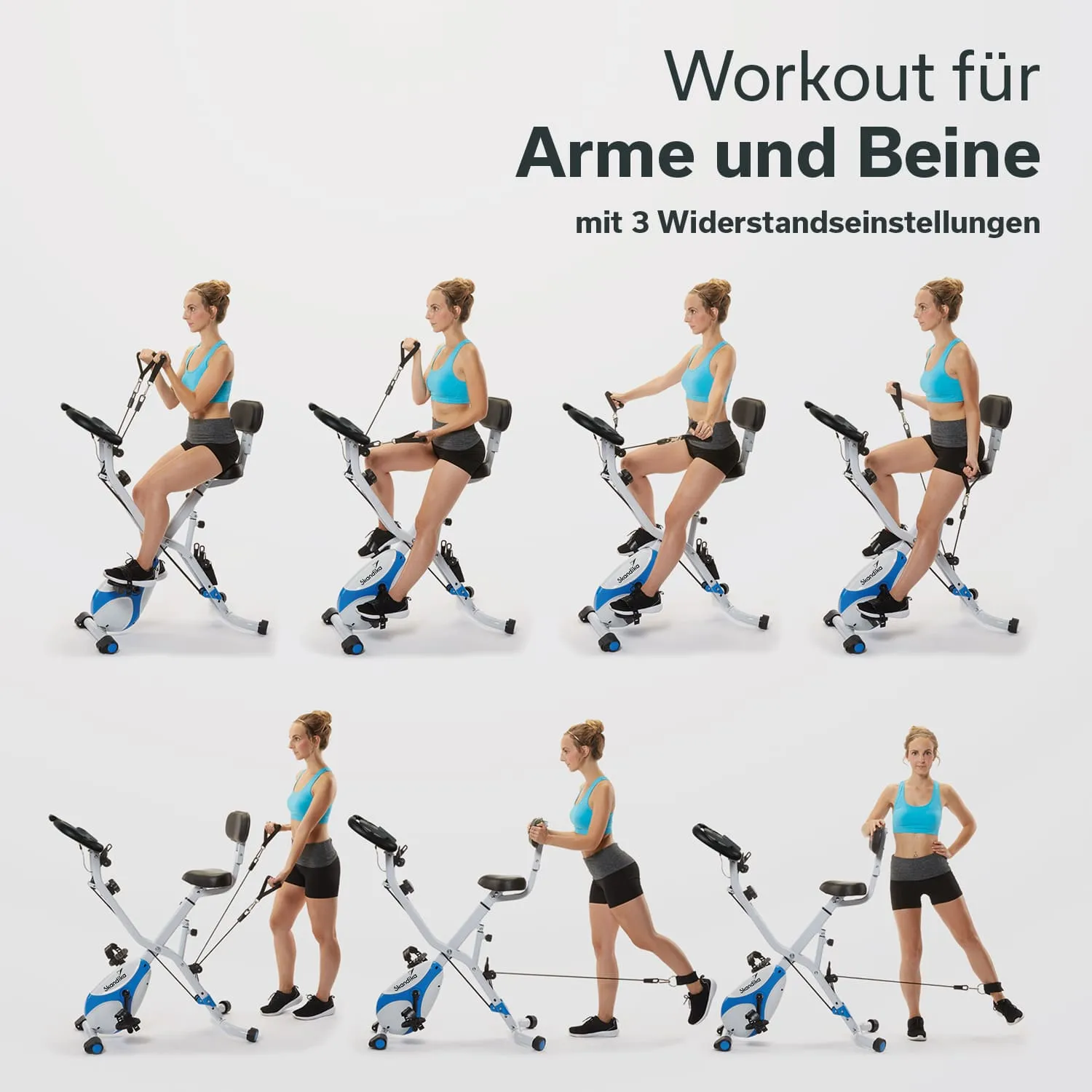 Ein Trainingsgerät in mehreren Positionen wird dargestellt. Es zeigt eine Person, die Übungen für Arme und Beine ausführt.