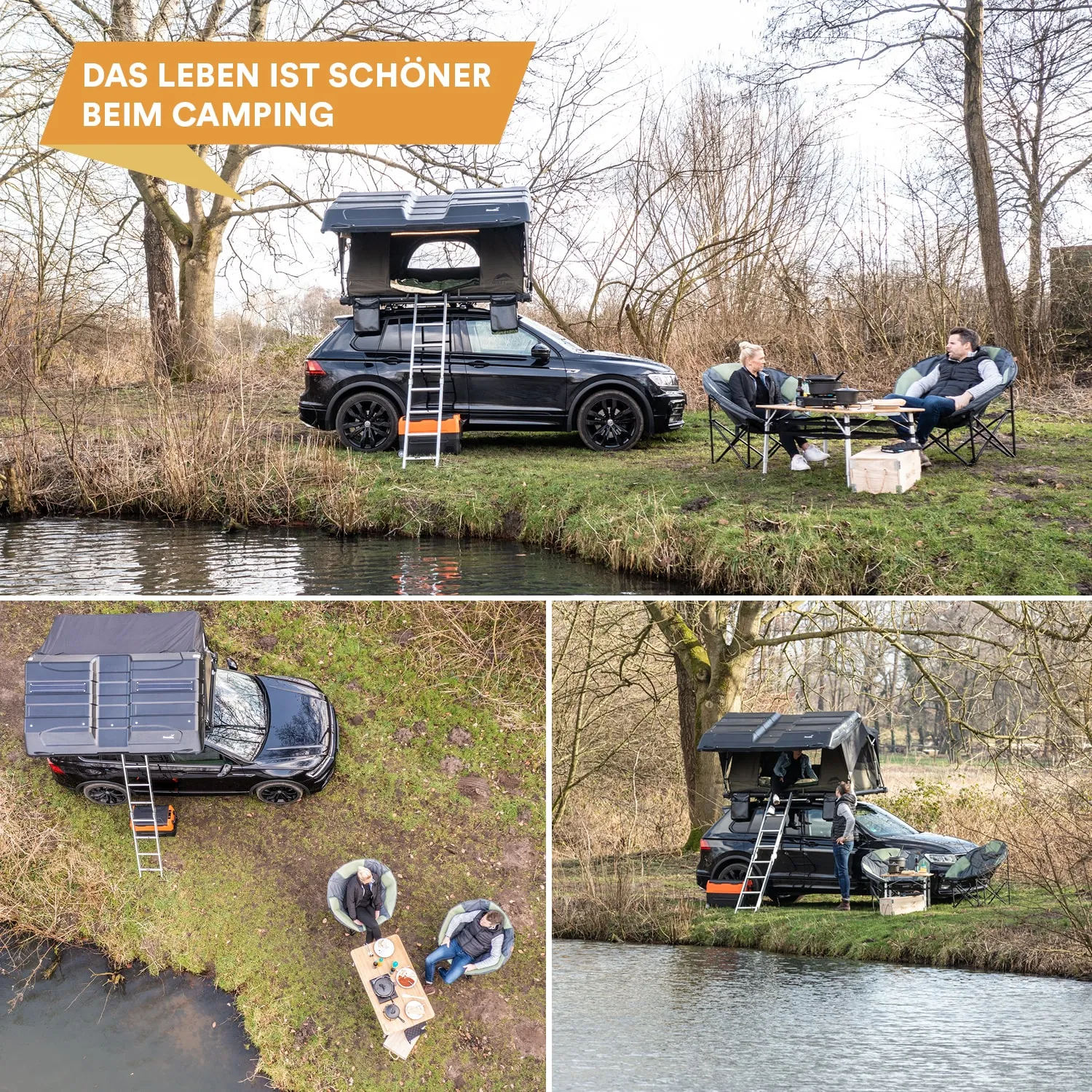 Ein schwarzes Auto mit Dachzelt steht am Ufer eines Gewässers. Zwei Personen sitzen in Faltstühlen und genießen die Zeit.