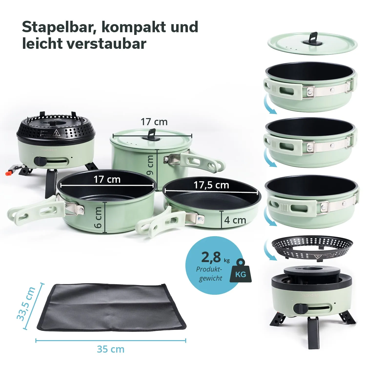 Kochgeschirr-Set in Mintgrün mit zwei Töpfen und einem Grill. Töpfe haben unterschiedliche Größen, stapelbar und mit Deckel. Unterlage in Schwarz.