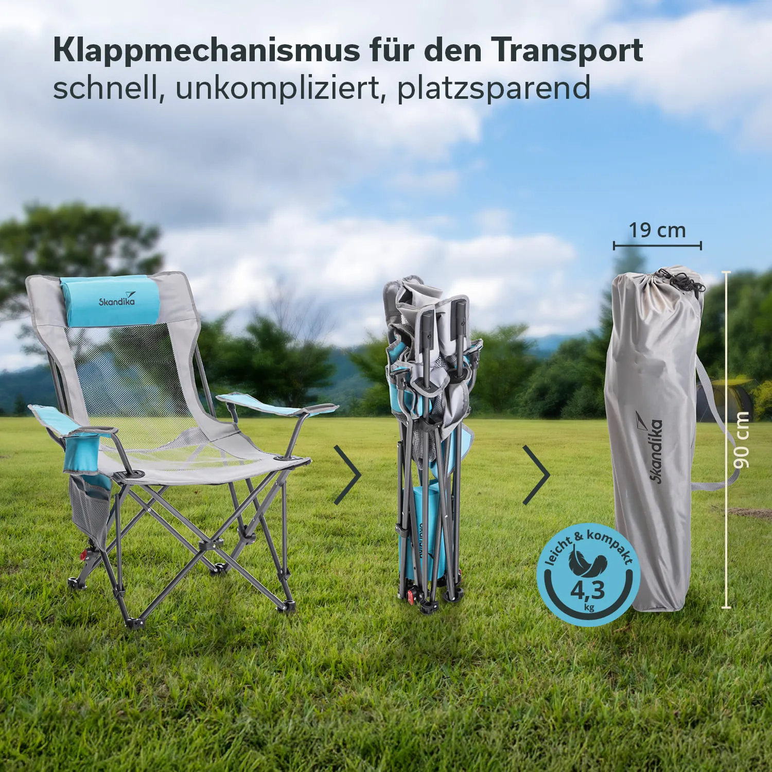 Faltstuhl auf einer Wiese, links im Bild. Rechts gefaltete Variante in einem Aufbewahrungssack. Text beschreibt die Vorteile.
