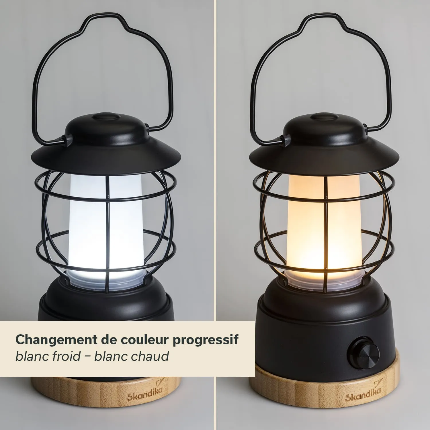 Schwarze Laterne mit einem Gitter, die auf einem Holzsockel steht. Links leuchtet sie kaltweiß, rechts warmweiß.