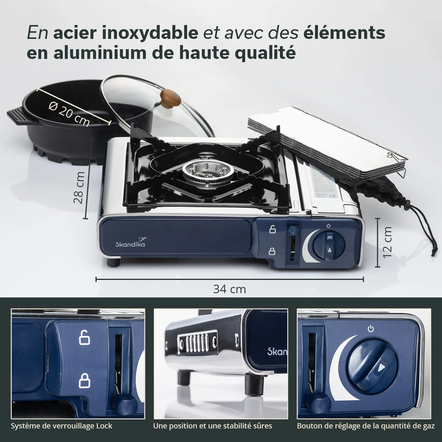 Ein tragbarer Gaskocher aus Edelstahl mit einem Aluminiumtopf, Messungen und Sicherheitsmerkmalen sind sichtbar.