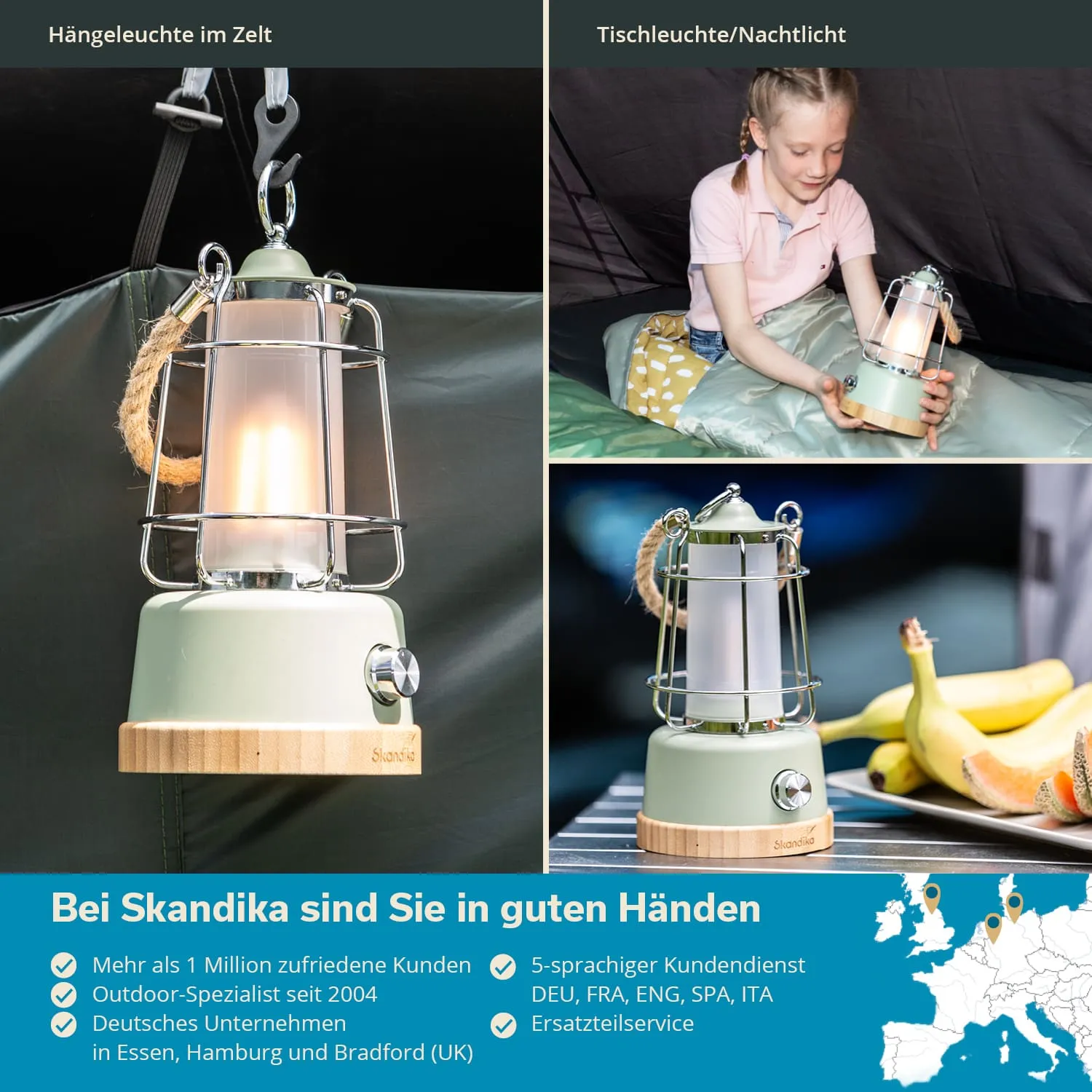 Eine grüne Leuchte mit einem Glaszylinder und Holzsockel, die in einem Zelt hängt. Daneben eine Person mit der Leuchte. Oben ist eine andere Ansicht der Leuchte auf einem Tisch mit Bananen.