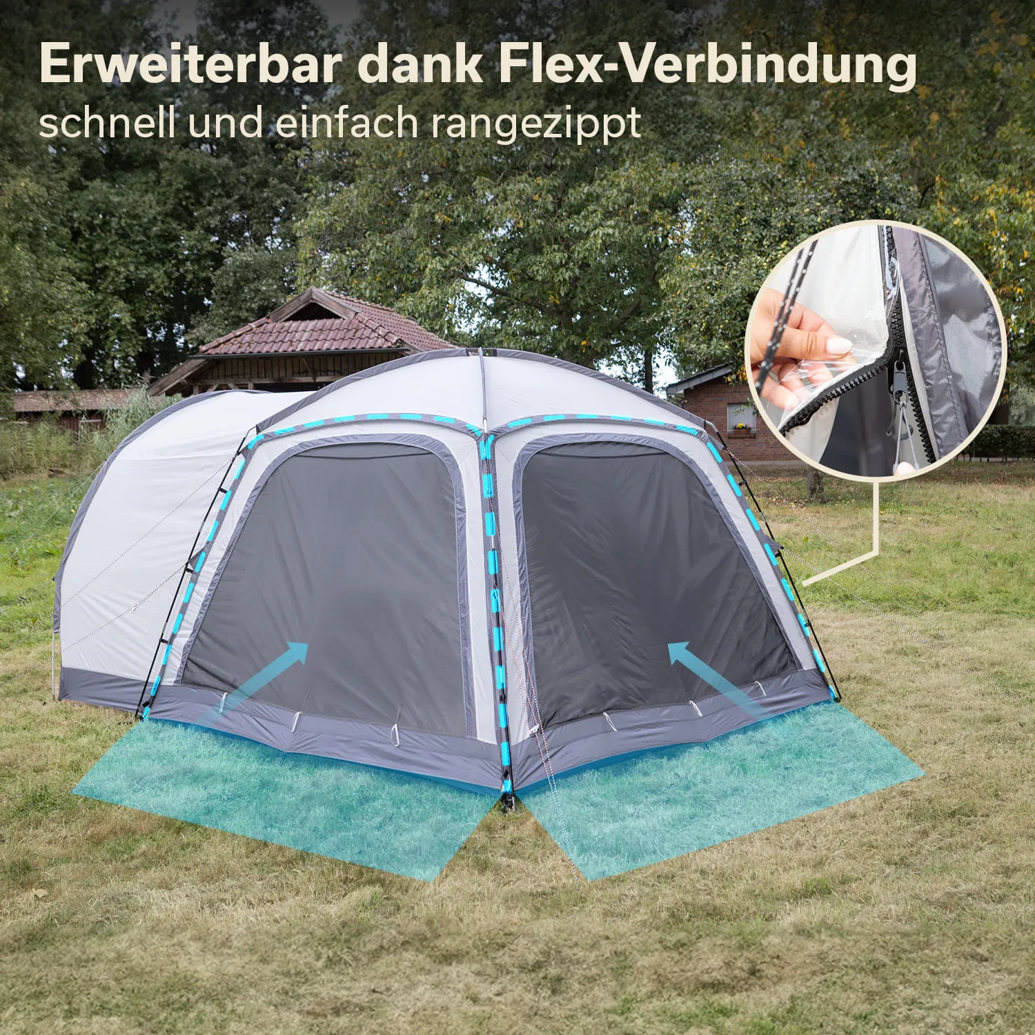 Zelt in der Natur, mit grauen Wänden und einem weißen Dach. Erweiterungsmöglichkeit durch Reißverschluss sichtbar.