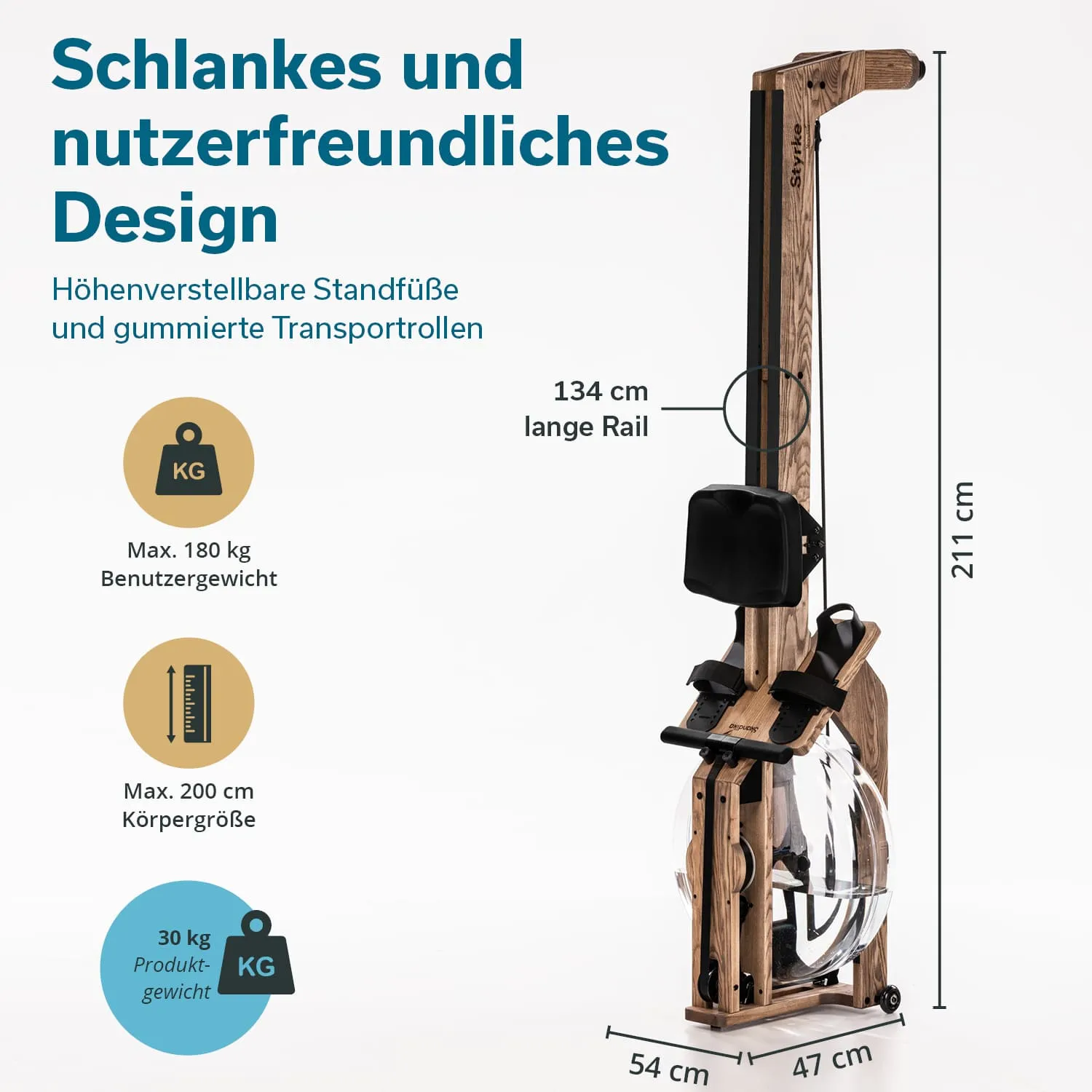 Rudergerät aus Holz mit einer transparenten Wasserkammer, Höhenverstellung und gummierten Transportrollen. Maße und Gewichtsangaben aufgelistet.