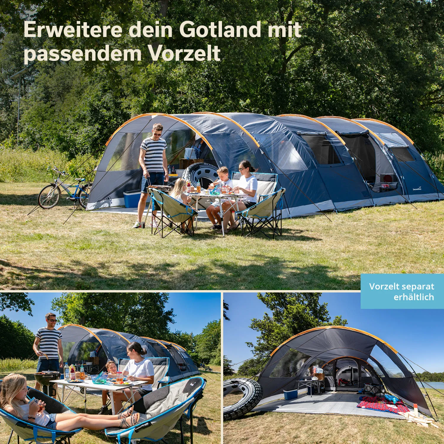 Zelt auf Rasenfläche mit Vorzelt, Familie am Tisch mit Essen, zwei Personen im Zelt, Fahrrad im Hintergrund.