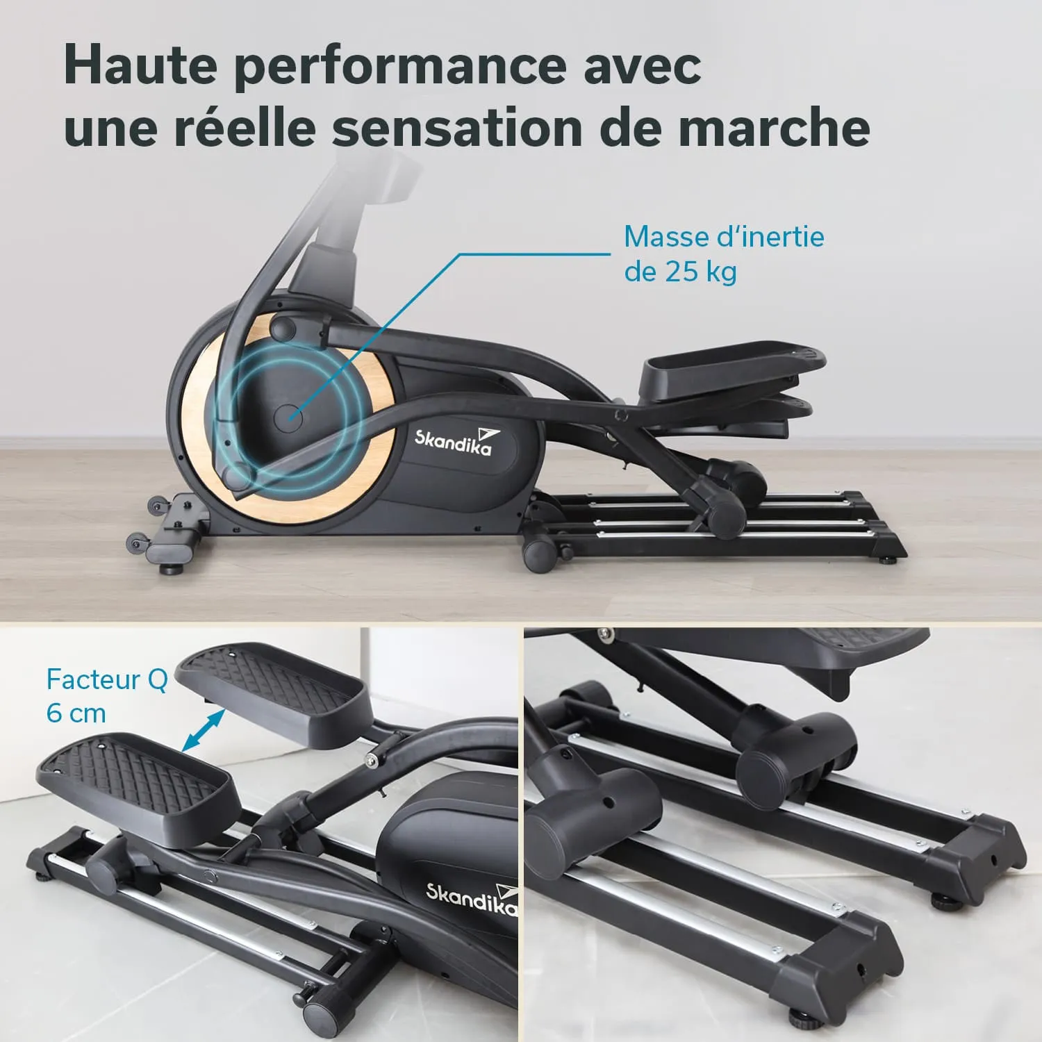 Ellipsentrainer mit zentralem Antrieb und Fußplatten, beschriftet mit technischen Details wie Masse d'inertie und Facteur Q.