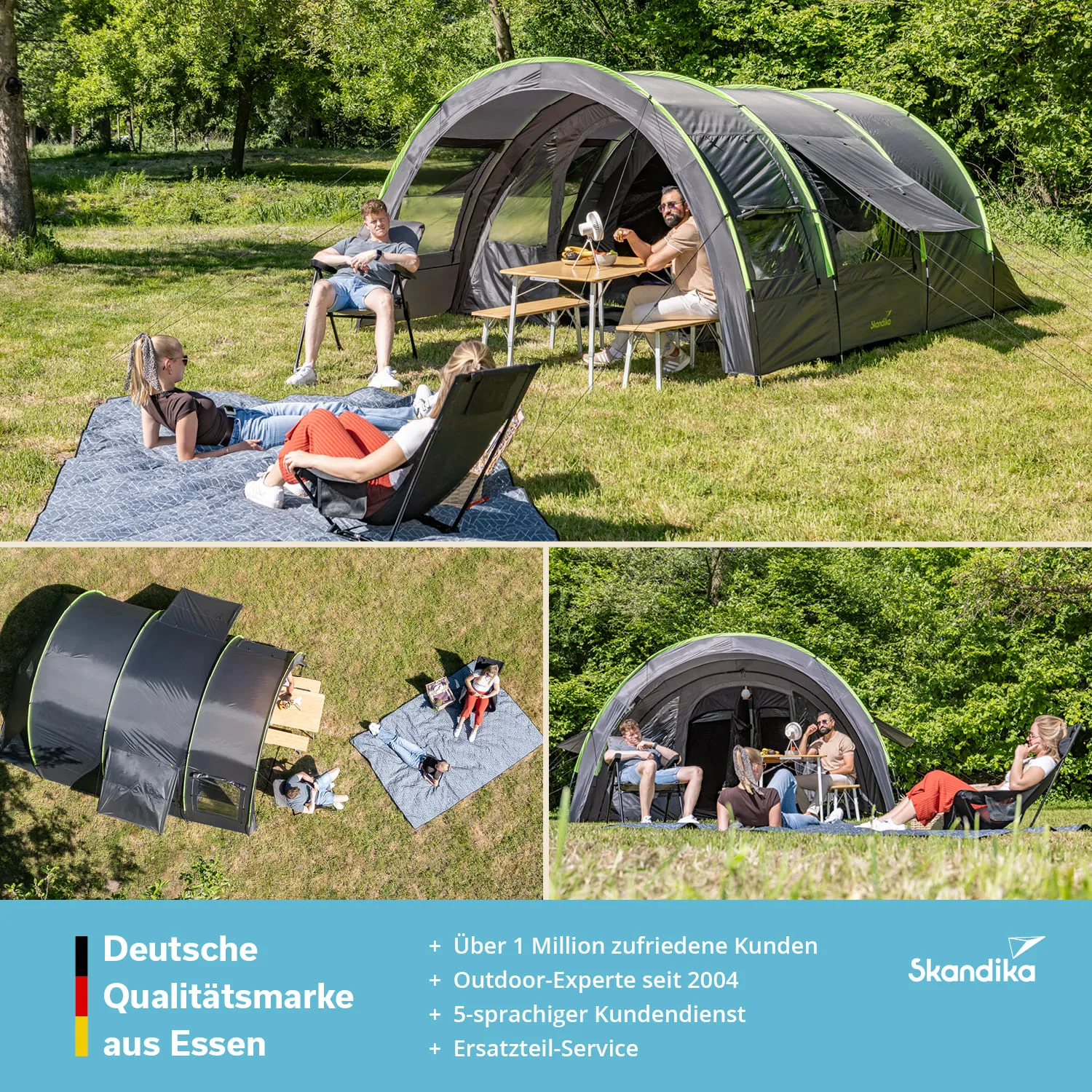 Ein zeltähnlicher Aufbau auf einer Wiese mit mehreren Personen. Zwei Personen entspannen auf einer Decke, während eine weitere Person am Tisch sitzt. Weitere Zeltansichten im Bild.