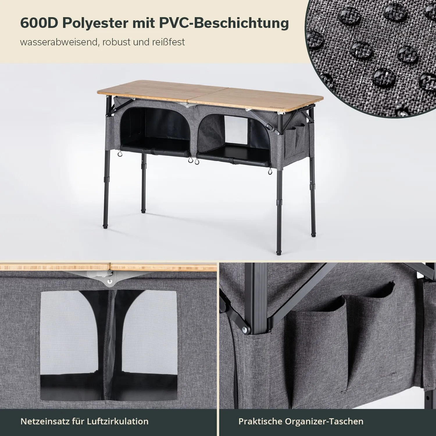 Klappbarer Tisch aus Holz mit grauen Polyester-Taschen und Metallbeinen, bietet Stauraum und Belüftung.