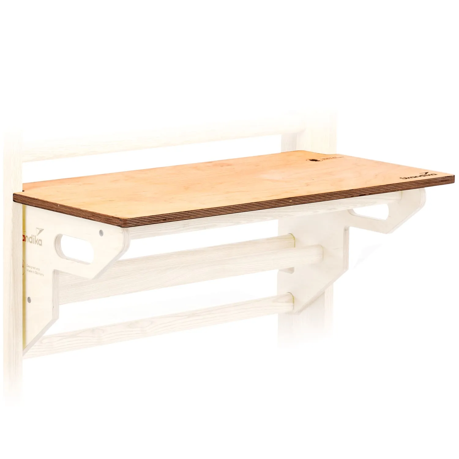 Wandregal mit einer Holzplatte und seitlichen Halterungen aus hellem Material.