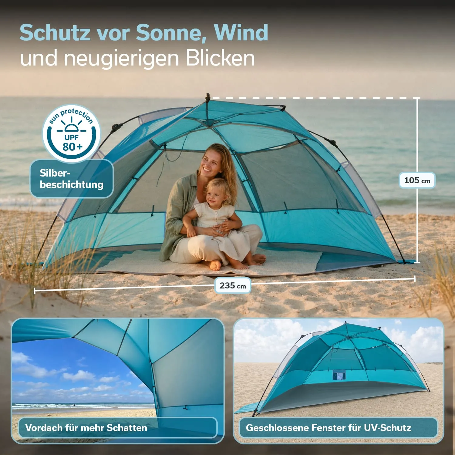 Zelt in Hellblau mit mesh Pano-Fenstern steht am Strand. Sand und Meer im Hintergrund. Details zu Stabilität und Fensteroptionen.