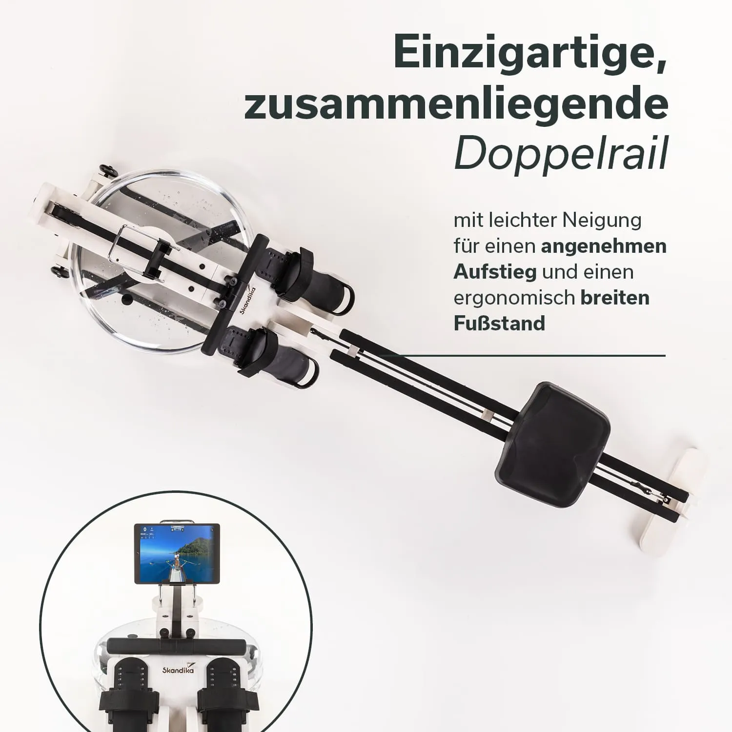 Fitnessgerät mit Doppelschienen, einem Sitz, Griffen und einem Displayhalter für Tablets. Eindeutige ergonomische Gestaltung.