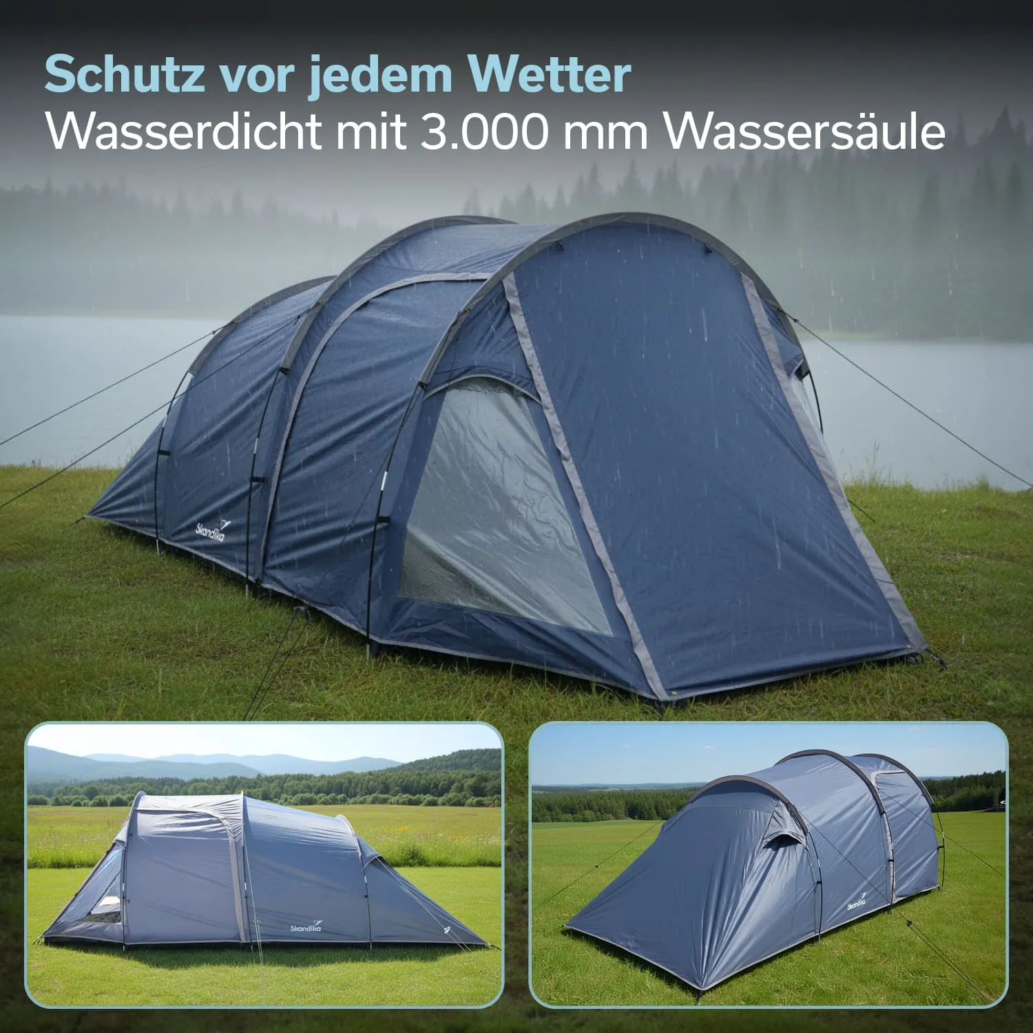 Blaue Zeltkonstruktion auf einer Wiese, umgeben von Bäumen und Wasser, mit weiteren Zeltbildern im unteren Bereich.