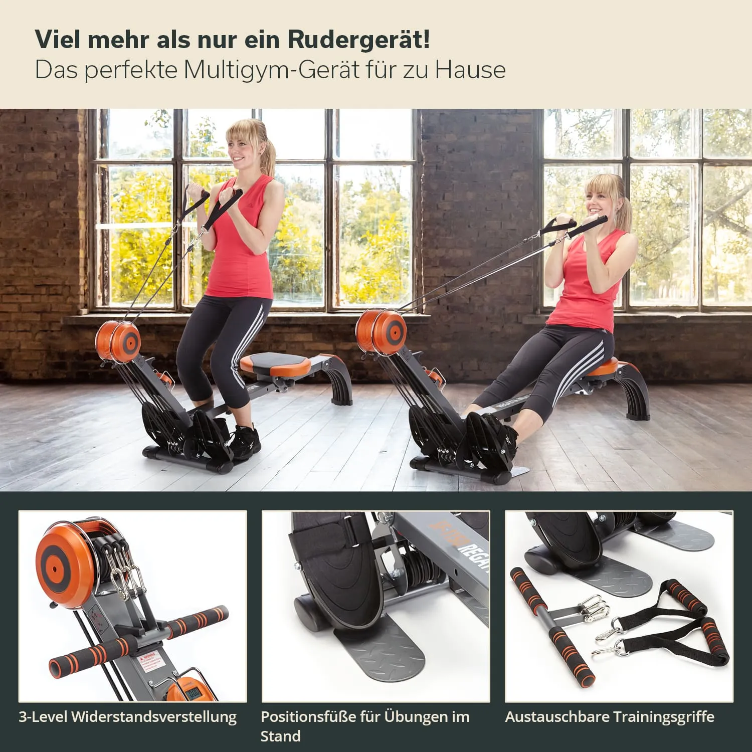 Rudergerät in einem Raum mit Fenstern. Eine Person nutzt das Gerät, um zu trainieren. Zubehördetails sind angezeigt.