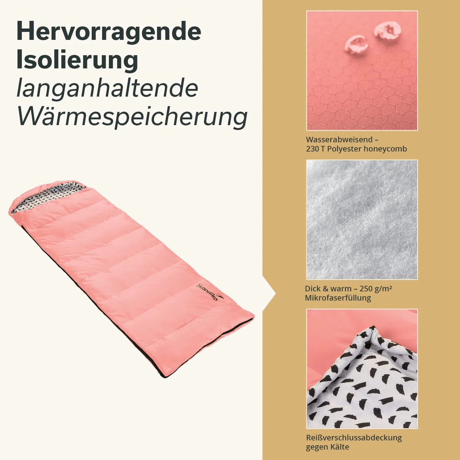 Schlafsack in sanften Rosa-Tönen, mit gestepptem Design und innerer Füllung aus Mikrofasern. Seitenansicht zeigt Reißverschluss und Futter.