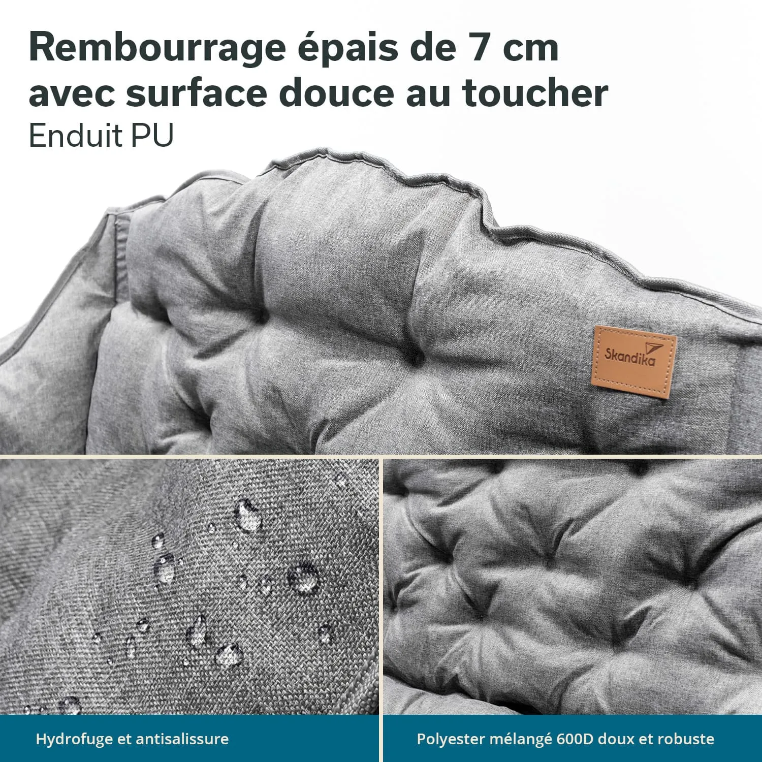 Graues gepolstertes Kissen mit 7 cm dickem Bezug, nässeabweisend mit Wassertröpfchen auf der Oberfläche. Markenlabel sichtbar.