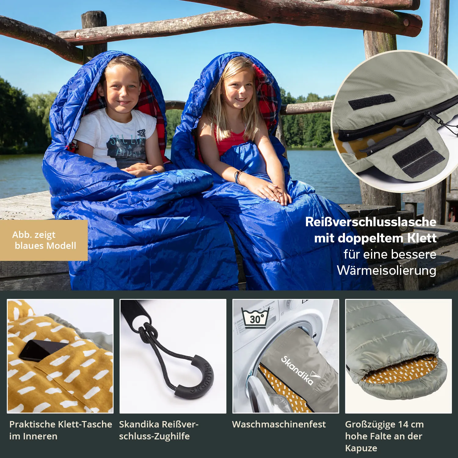 Zwei Kinder sitzen auf einer Holzplattform am Wasser, eingekuschelt in blaue Schlafsäcke. Im Hintergrund ist ein See sichtbar. Oben rechts sind Details des Schlafsacks abgebildet.