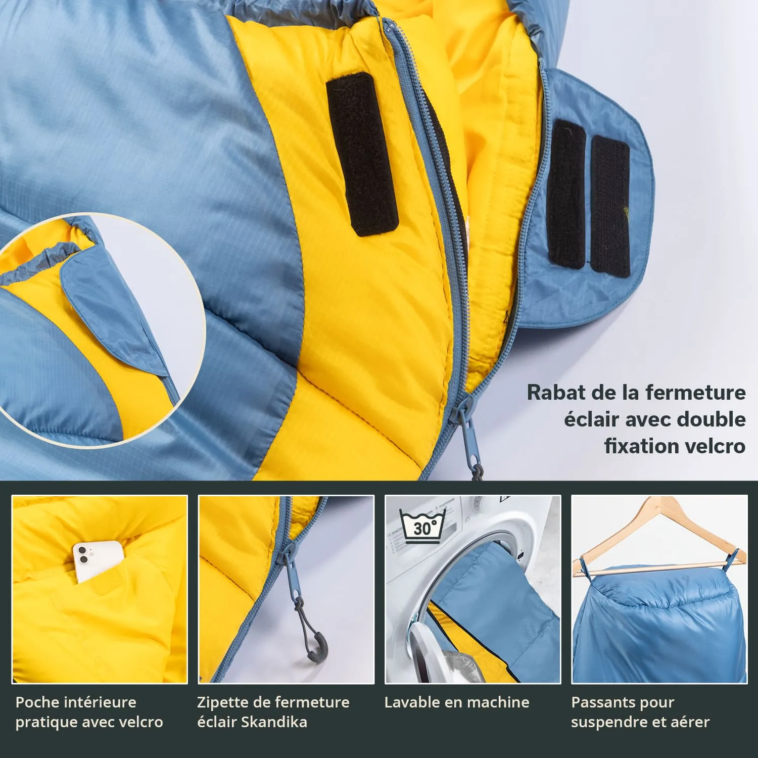 Schnittansicht eines Schlafsacks in Blau und Gelb. Detailansichten zeigen Velcro-Verschlüsse, Innen- und Außentaschen, sowie eine Waschmaschine.