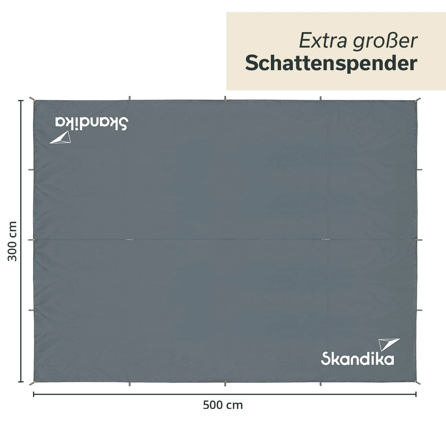 Grauer Sonnenschirm mit den Maßen 500 cm x 300 cm. Logo "Skandika" in Weiß auf der unteren rechten Ecke.
