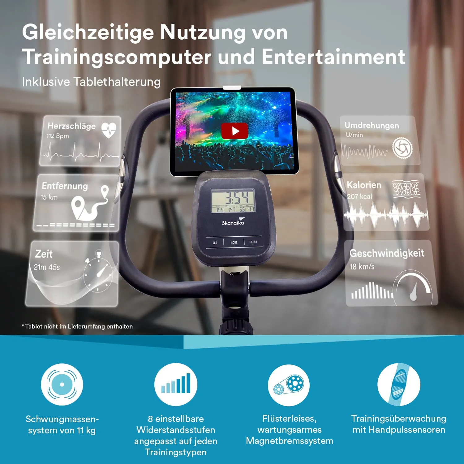 Trainingsgerät mit Tablet-Halterung, Display zeigt Herzschläge, Entfernung, Zeit, Kalorien und Geschwindigkeit an.