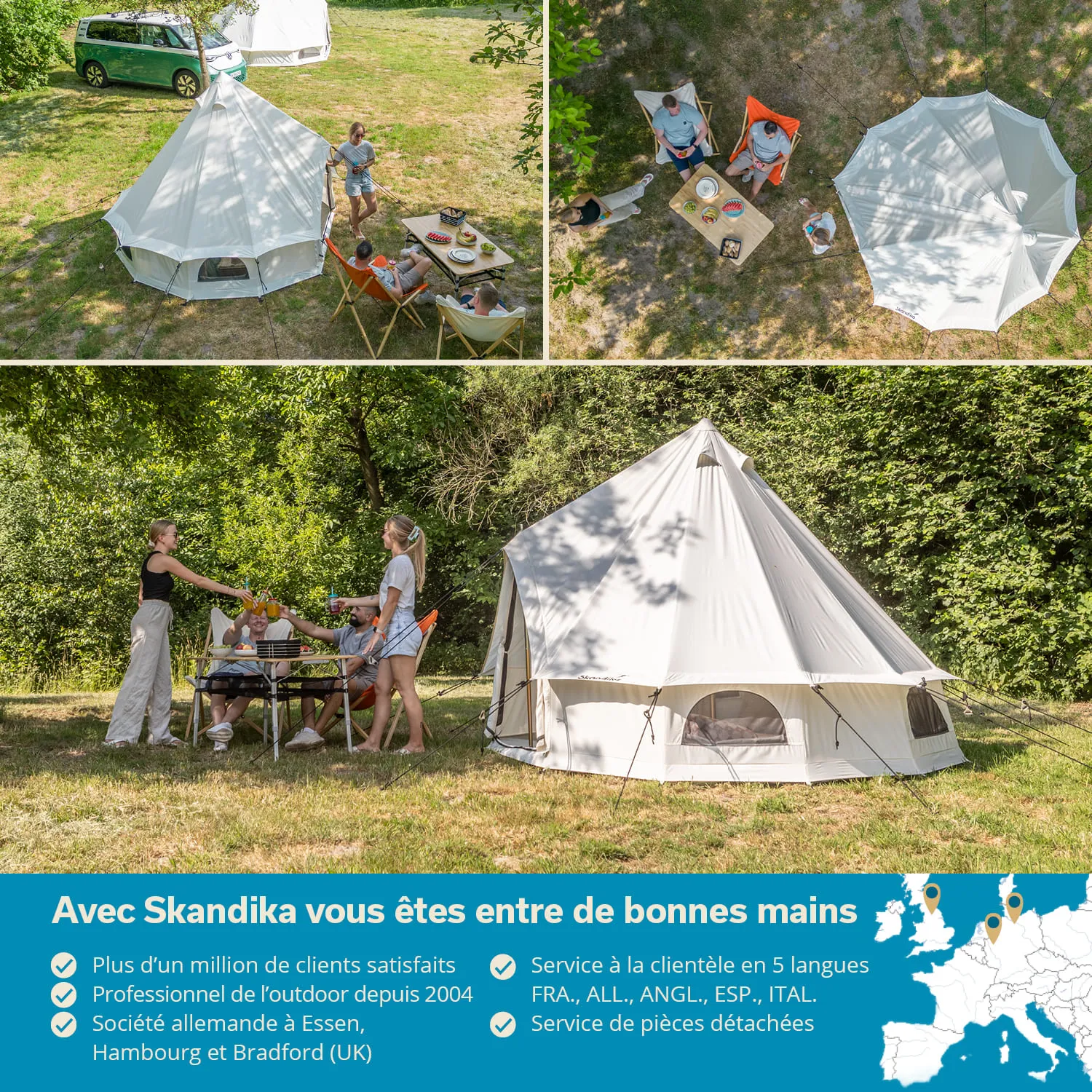 Drei Bilder zeigen ein Zelt, eine Familie, die im Freien am Tisch sitzt, und eine Person, die Getränke reicht. Grüne Umgebung.