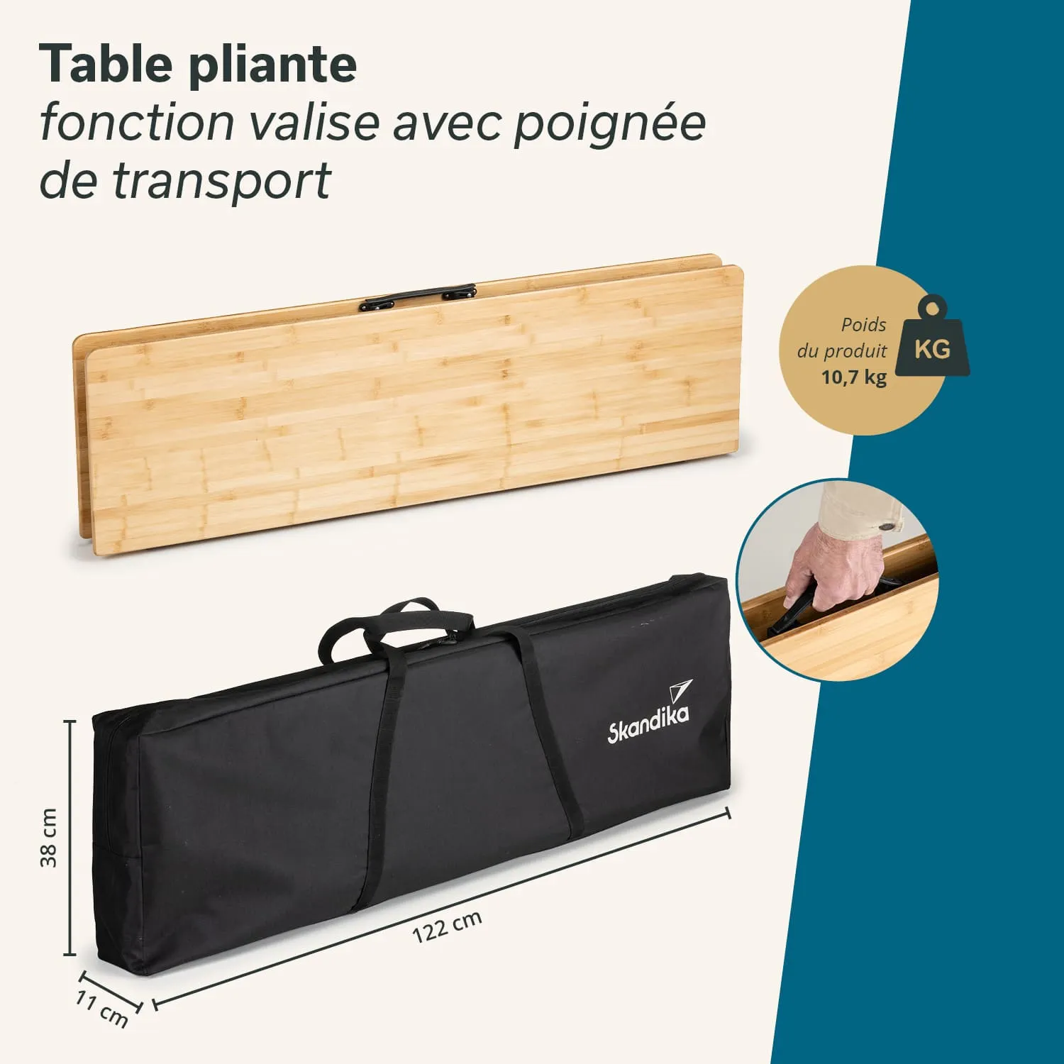 Klappbare Bambustischplatte in Tragetasche mit Griff. Maße: 122 cm x 38 cm x 11 cm. Gewicht: 10,7 kg. Marke: Skandika.