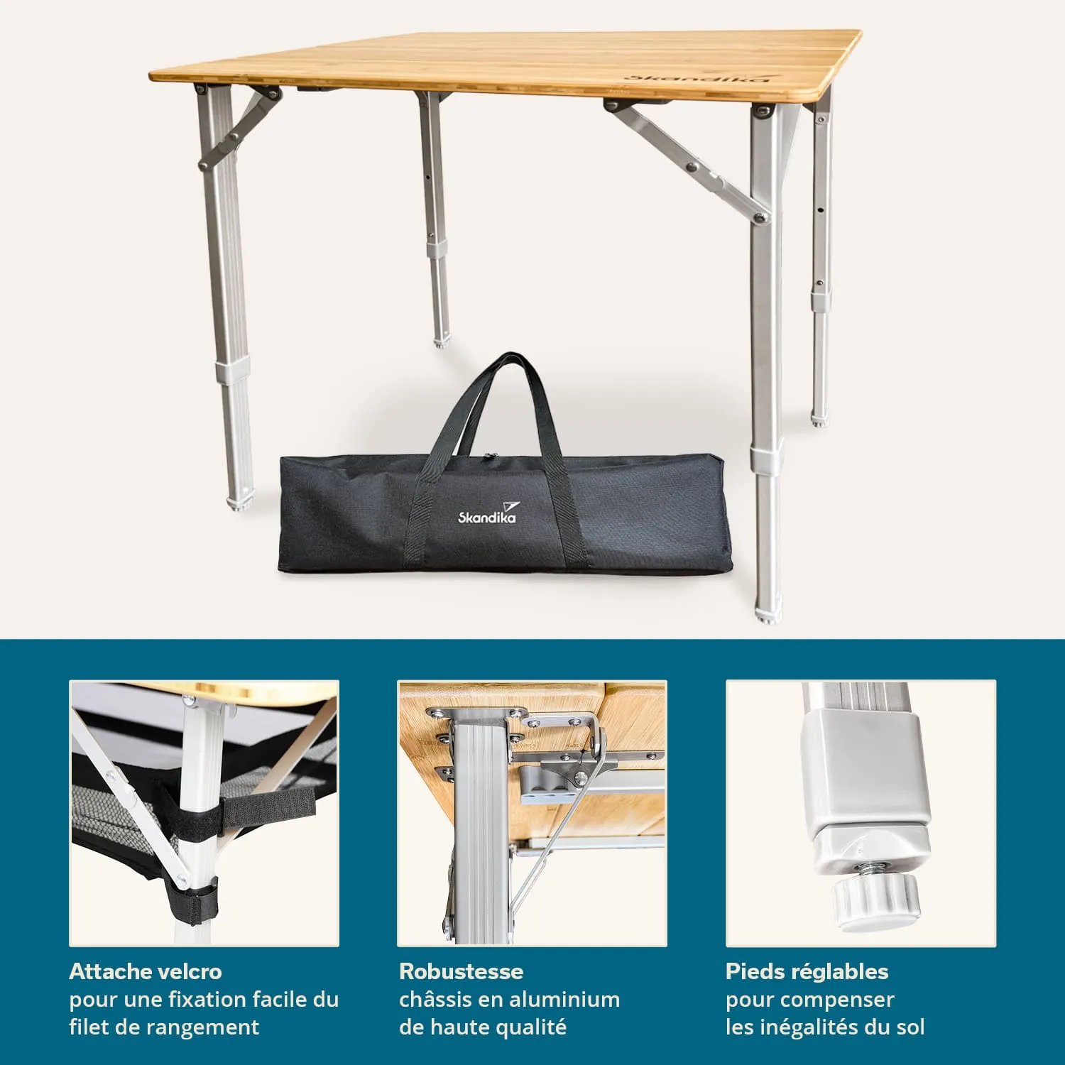 Faltbarer Tisch mit Holzplatte und Aluminiumgestell. Unter dem Tisch eine Tragetasche. Detailbilder zeigen Gelenke und verstellbare Füße.