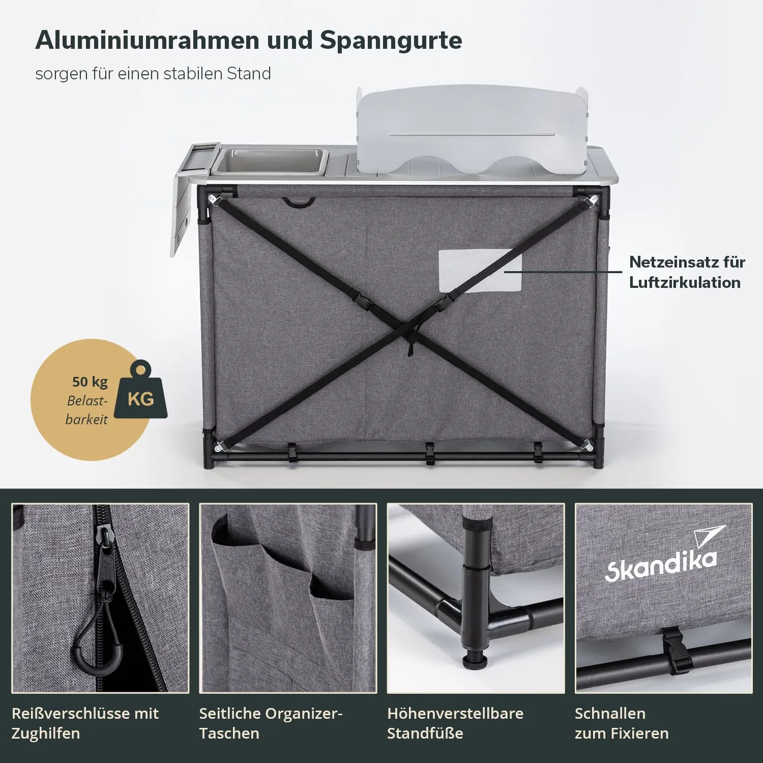 Aluminiumrahmen und graues Stoffdesign mit Spannzügen sowie seitlichen Organizer-Taschen. 50 kg Tragkraft angegeben.