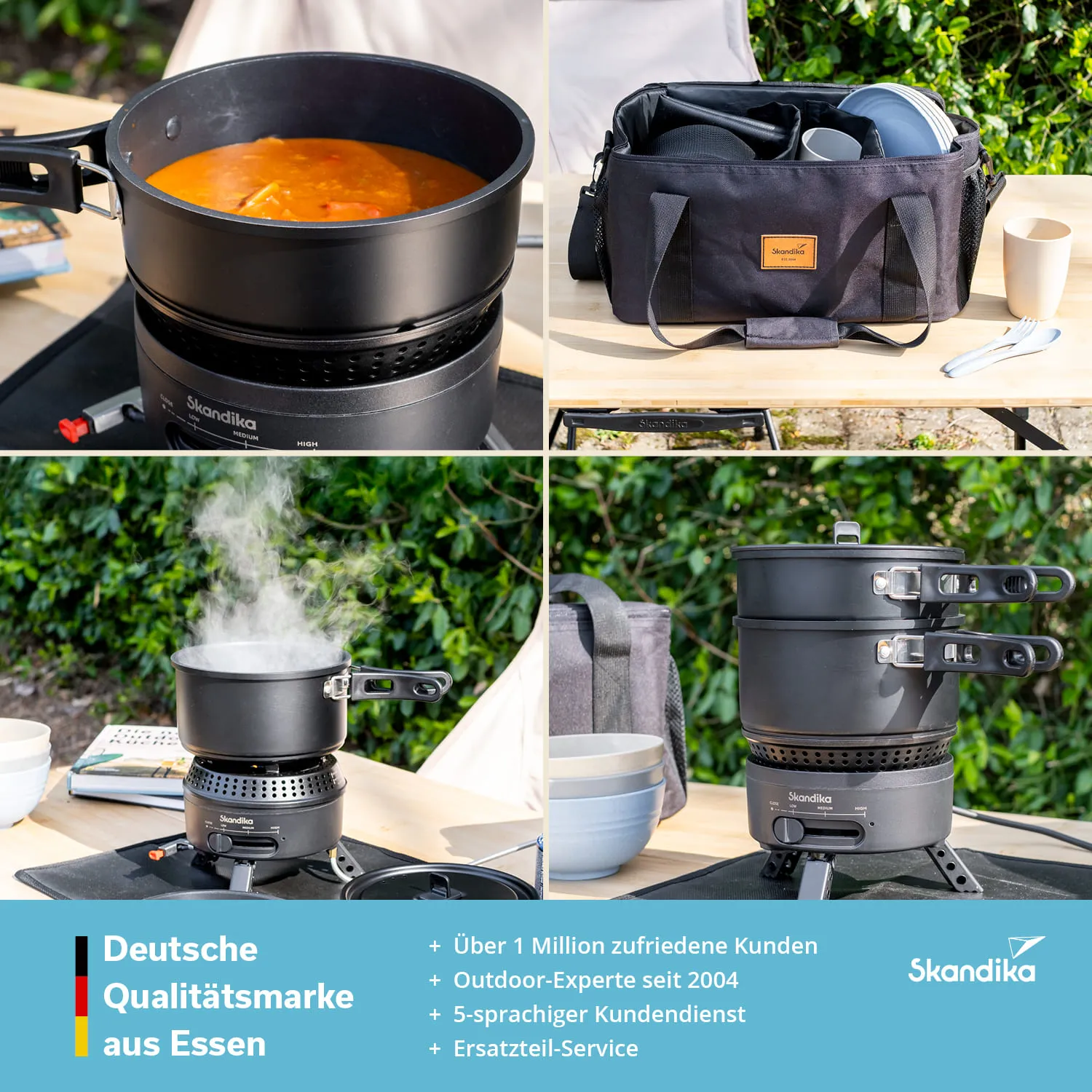 Kocher mit einem Topf, in dem eine Suppe kocht. Neben dem Kocher eine Tasche mit Geschirr und Besteck. Grüne Pflanzen im Hintergrund.