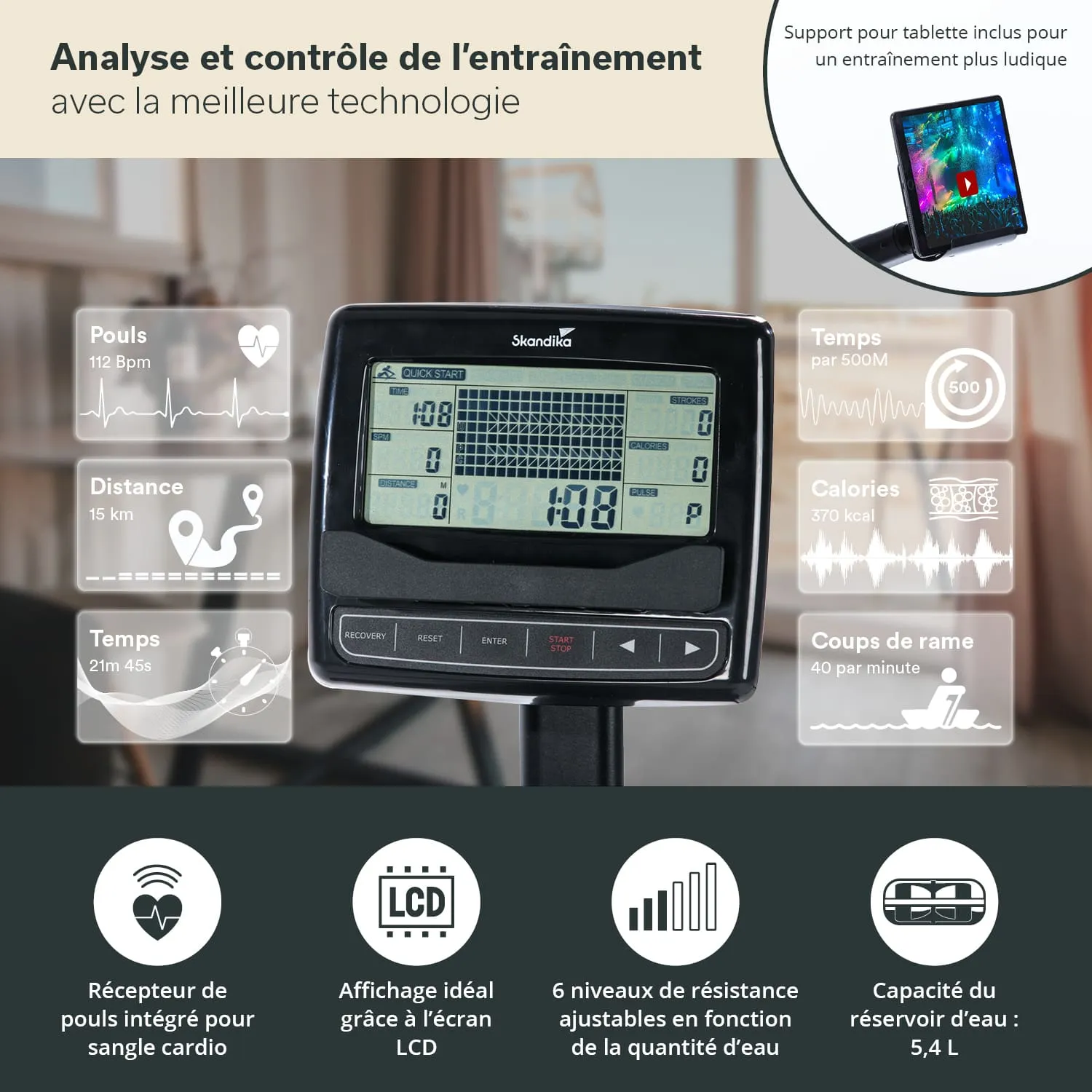 Anzeige eines Fitnessgeräts mit LCD-Bildschirm. Informationen zu Puls, Distanz, Zeit, Kalorien und Ruderzügen sind sichtbar.