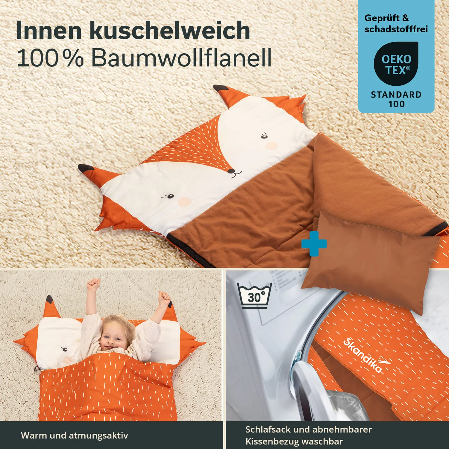 Schlafsack mit Fuchsdesign aus Baumwollflanell, mit abnehmbarem Kissenbezug, auf einem hellen Teppich.