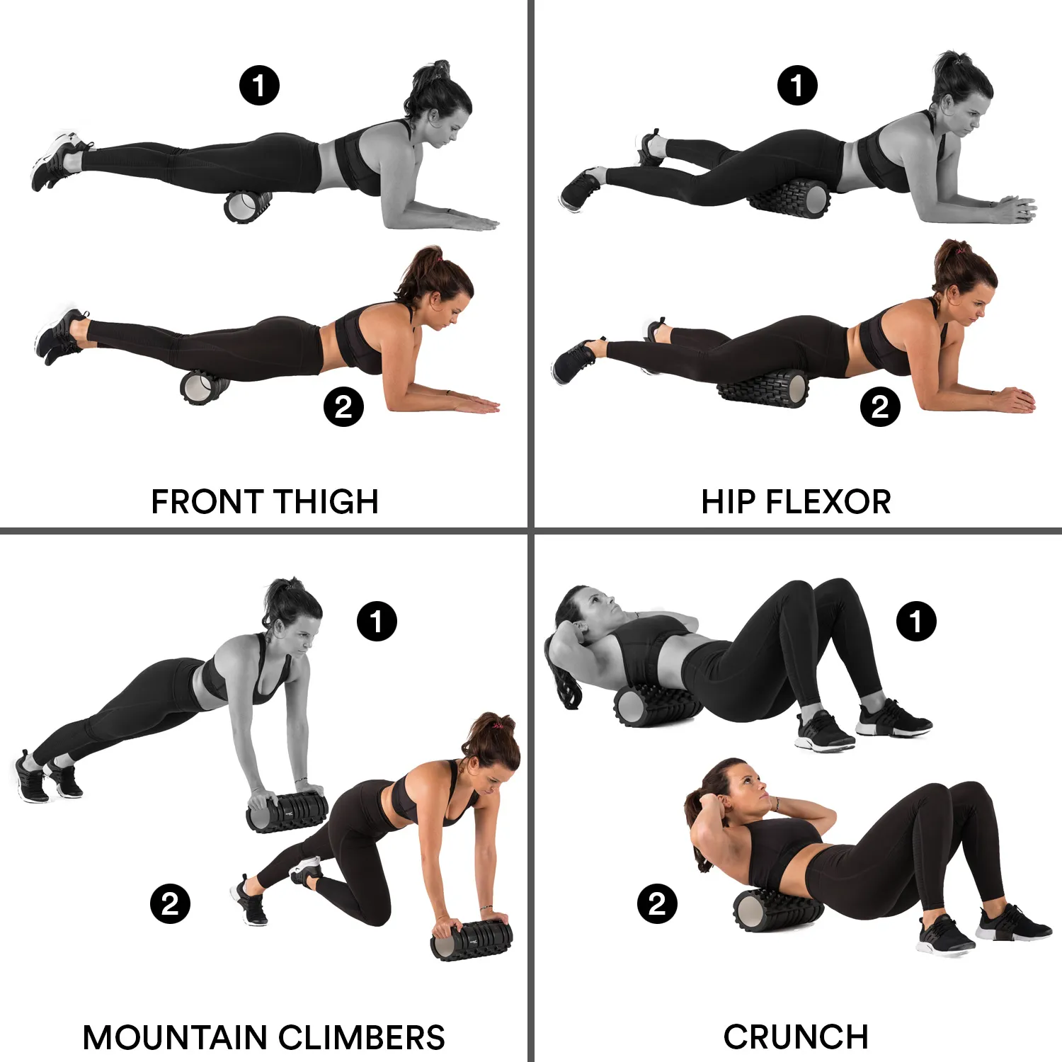 Vier Übungen zur Fitness, dargestellt durch eine Person auf einer Matte mit einem Schaumstoffroller. Oben links: Oberschenkeldehnung. Oben rechts: Hüftbeuger-Dehnung. Unten links: Mountain Climbers. Unten rechts: Crunches.
