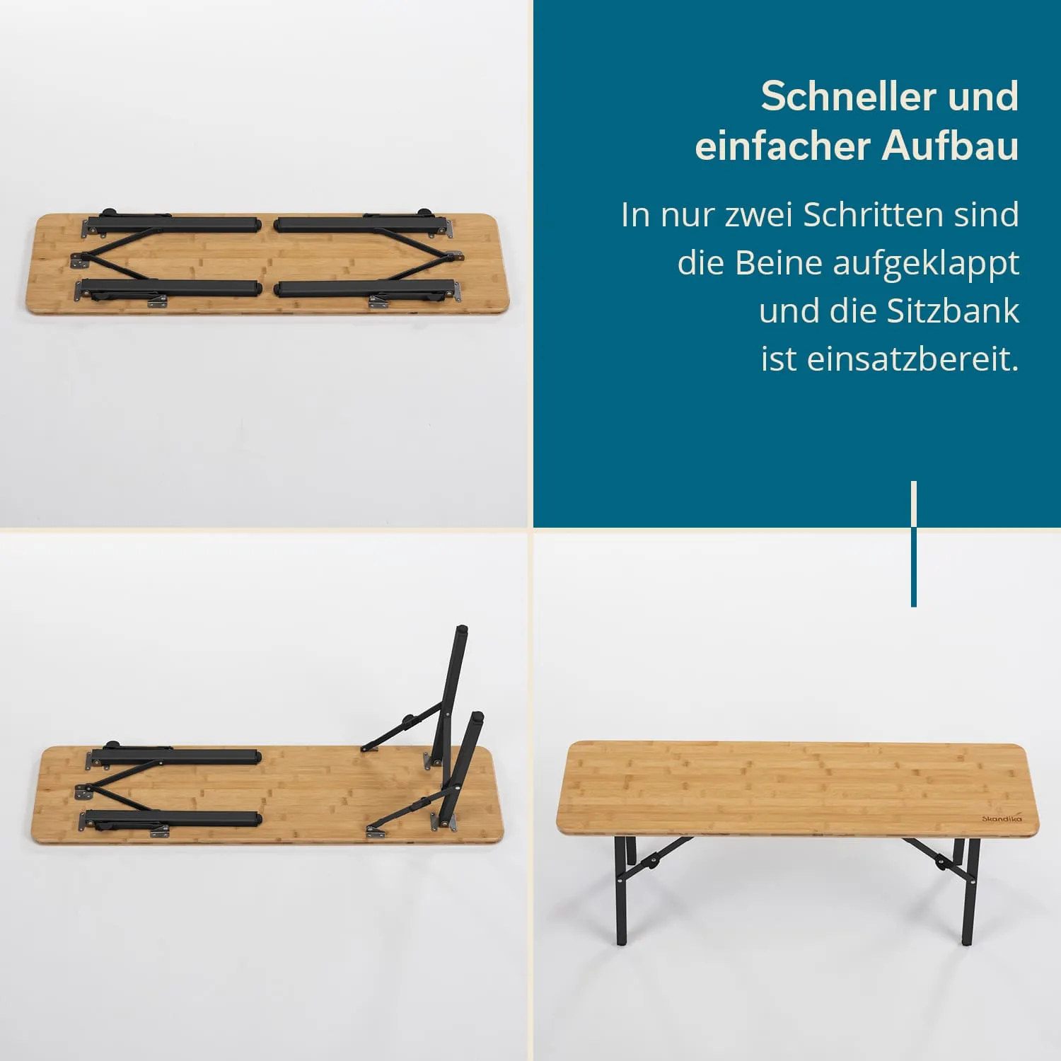 Faltbare Sitzbank aus Holz mit schwarzen Metallbeinen. Anleitung für den schnellen Aufbau in zwei Schritten.