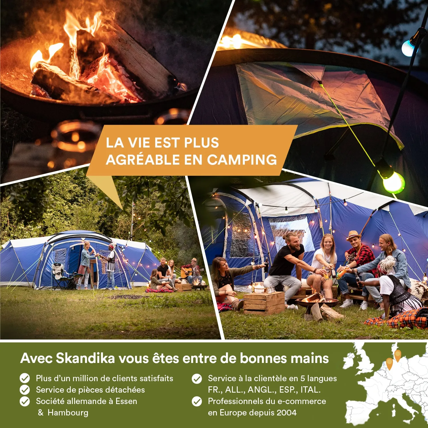 Lagerfeuer mit Holzscheiten, blaues Zelt, Gruppen von Personen, die musizieren und sich unter Lichtern entspannen.