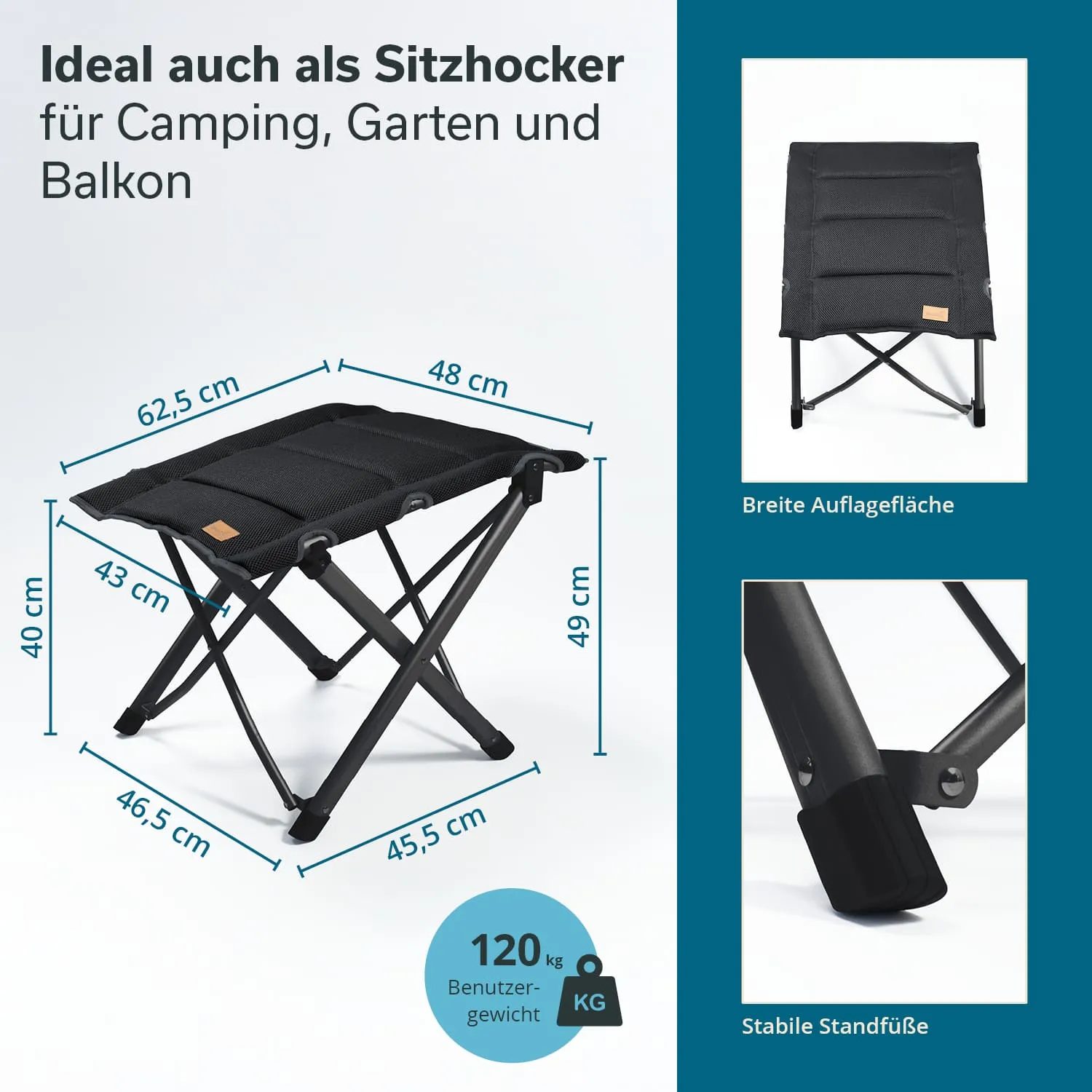 Schwarzer faltbarer Sitzhocker mit gepolsterter Oberfläche und stabilen Standfüßen, Maße und Benutzergewicht angegeben.
