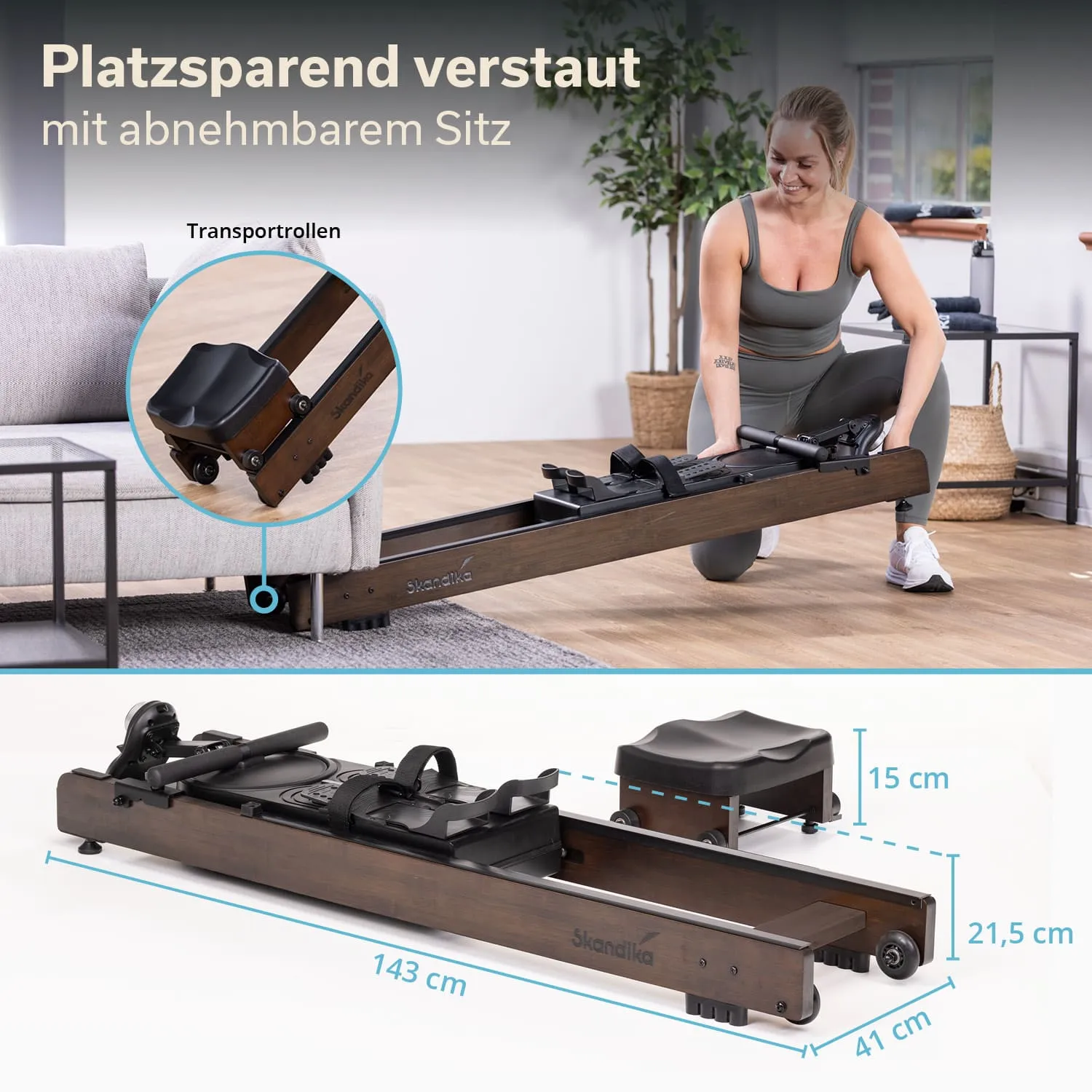 Rudergerät aus Holz mit abnehmbarem Sitz und Transportrollen. Eine Person hebt das Gerät an, im Hintergrund Pflanzen und Möbel.