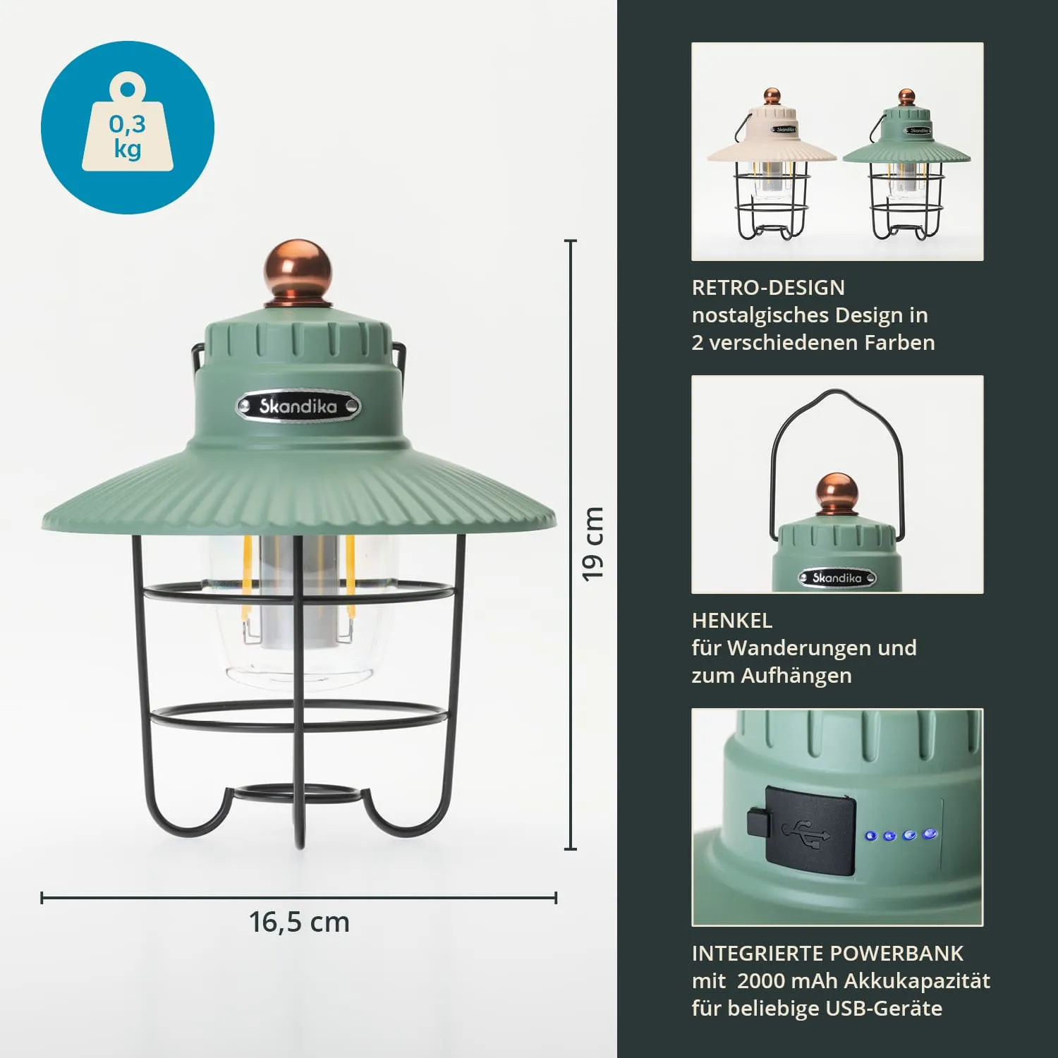 Grüne Retro-Lampe mit Kupferkappe, transparente Glaskugel und schwarzem Gestell. Maße: 19 cm hoch, 16,5 cm breit.