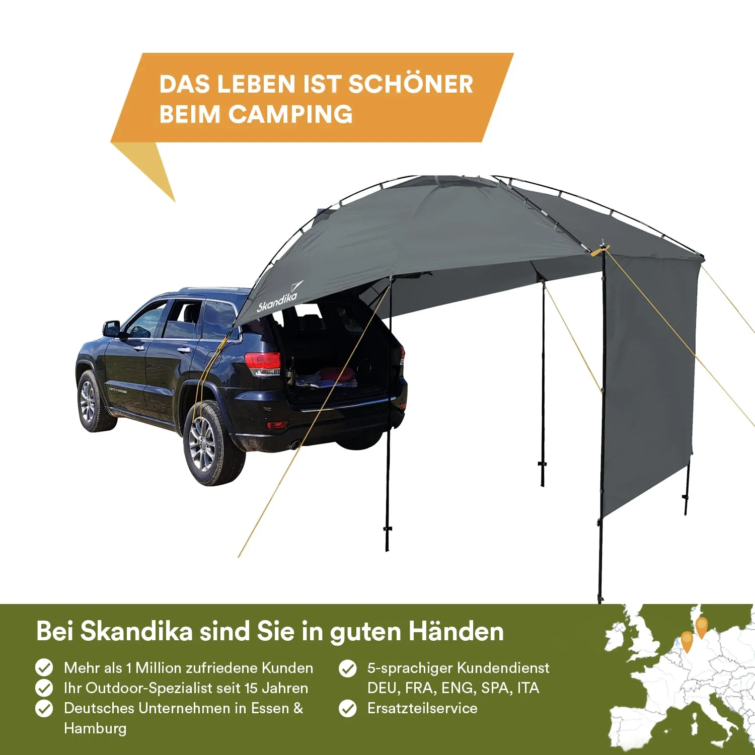 Schwarzes Auto mit offenem Kofferraum und grauem Sonnenschutzdach. Text und Informationen zu Skandika im Hintergrund.