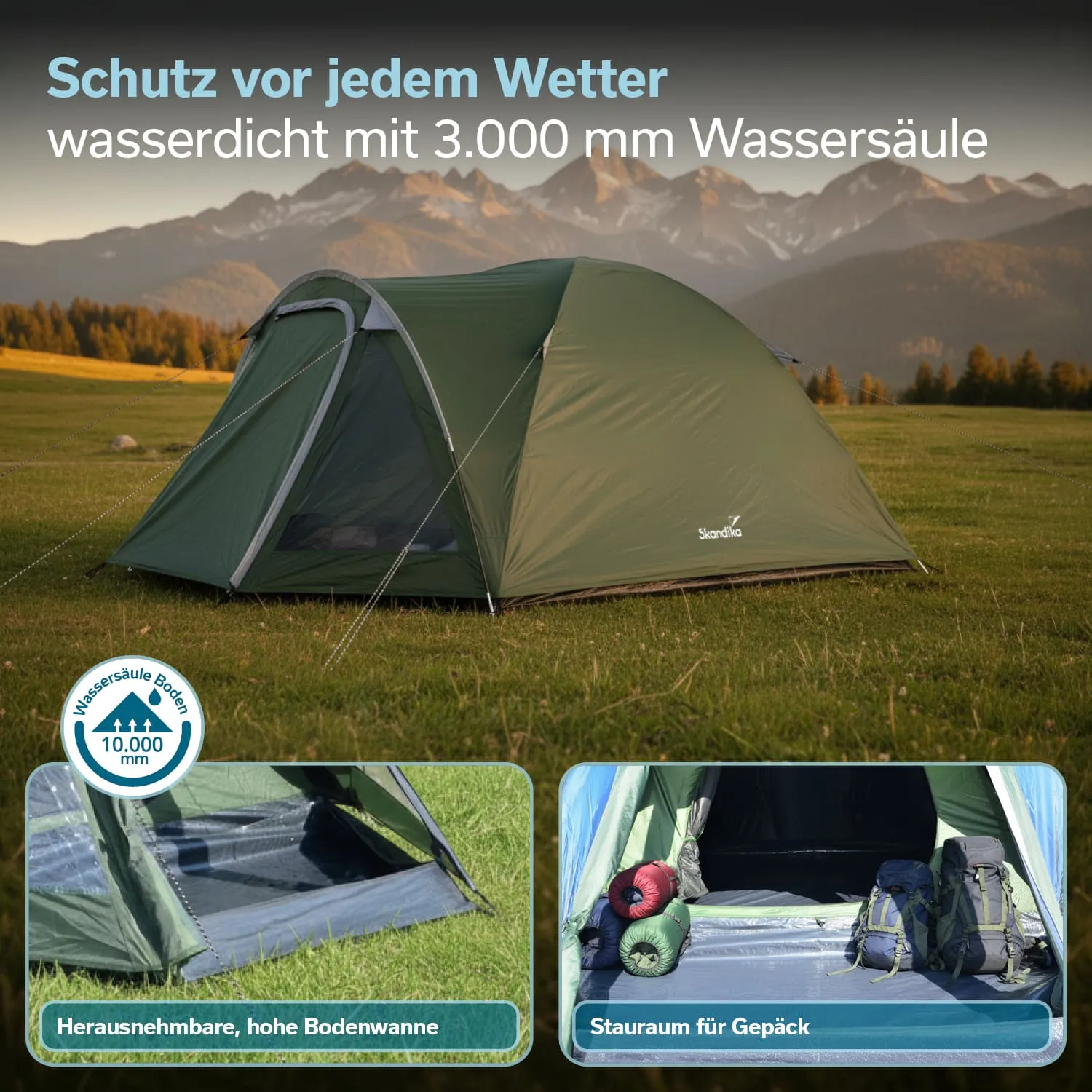 Grünes Zelt auf einer Wiese mit Berglandschaft im Hintergrund. Detailaufnahmen zeigen eine herausnehmbare Bodenwanne und Stauraum für Gepäck.