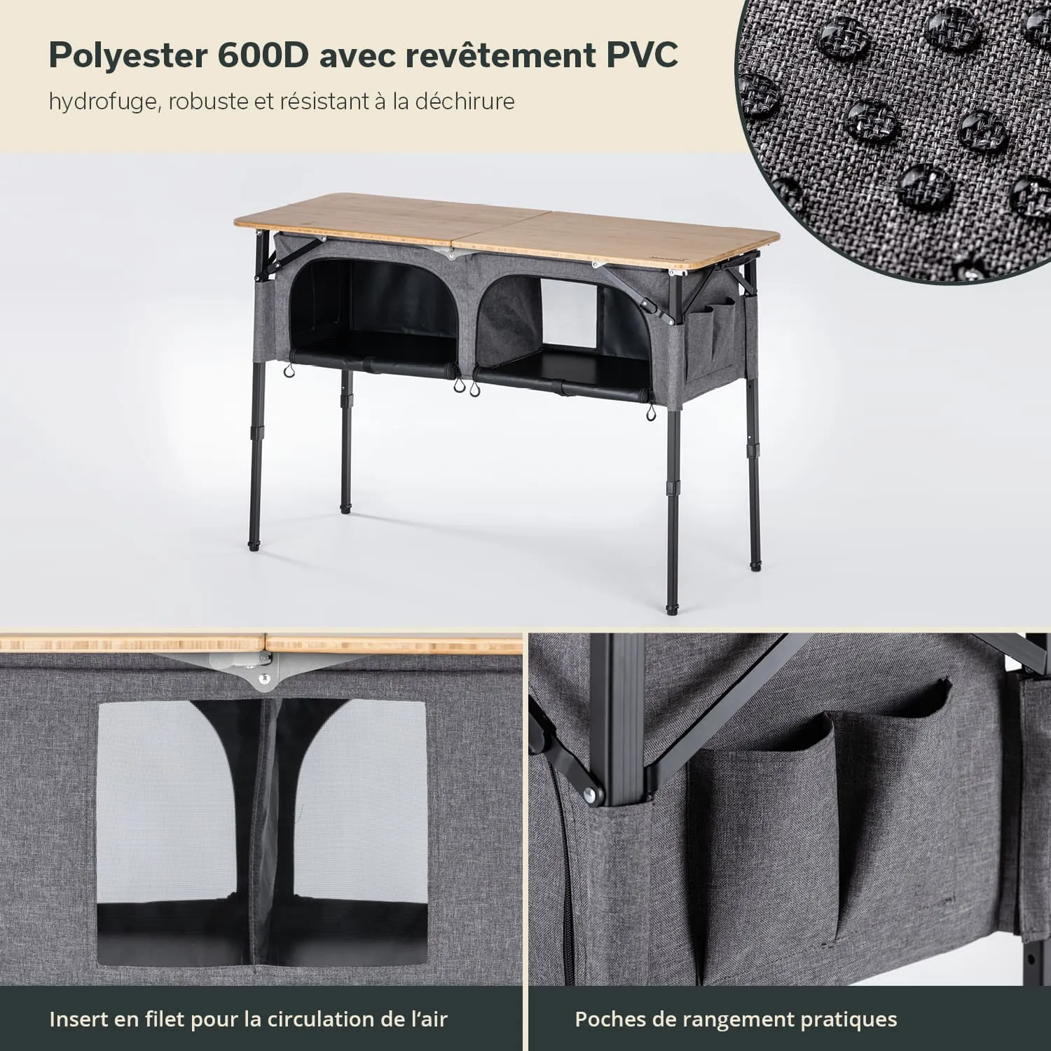 Klappbarer Tisch mit Holzplatte und grauem Stoffunterbau, besteht aus Polyester. Enthält Fächer und Netz für Belüftung.