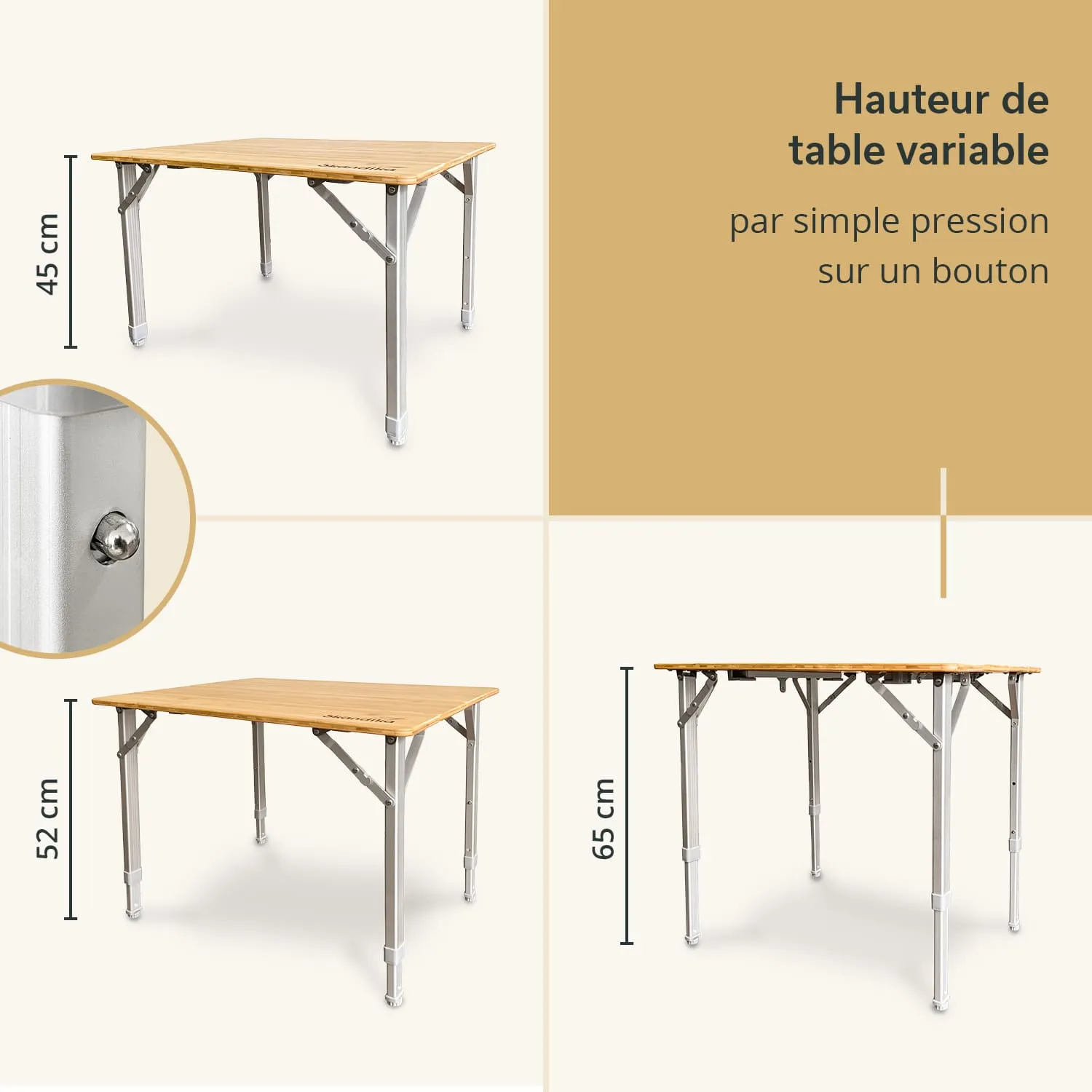 Faltbarer Tisch mit drei Höhenangaben (45 cm, 52 cm, 65 cm) und silbernen Metallbeinen. Holzoberfläche sichtbar.