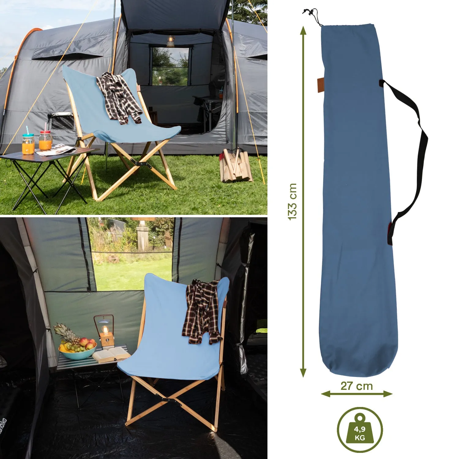 Blauer Campingstuhl mit Holzgestell in einem Zelt. Neben einem Tisch mit Getränken und Obst. Maßstab und Tragetasche abgebildet.