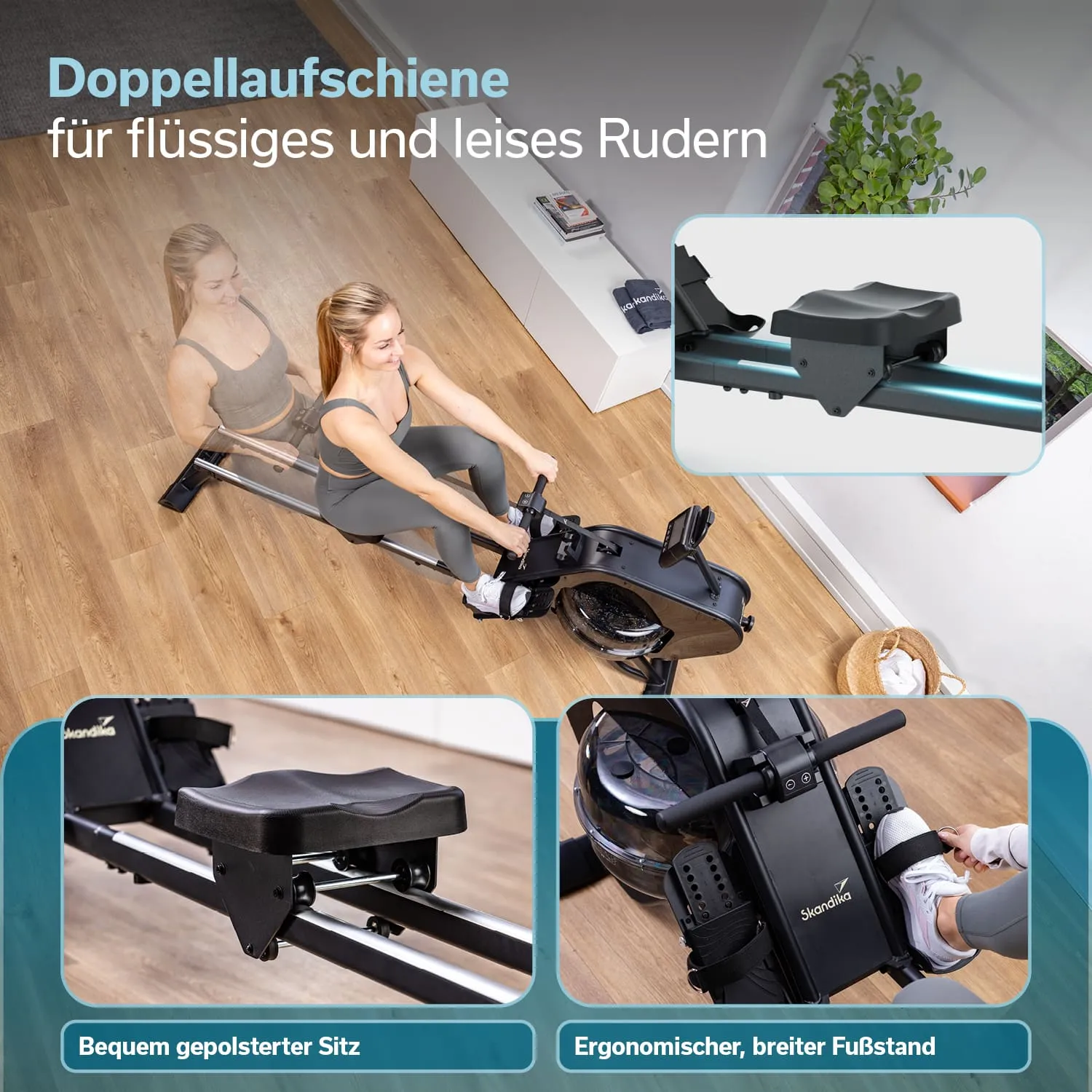 Rudergerät mit jemandem, der rudert. Fokussierte Details zeigen gepolsterten Sitz und ergonomische Fußstützen. Holzfußboden.