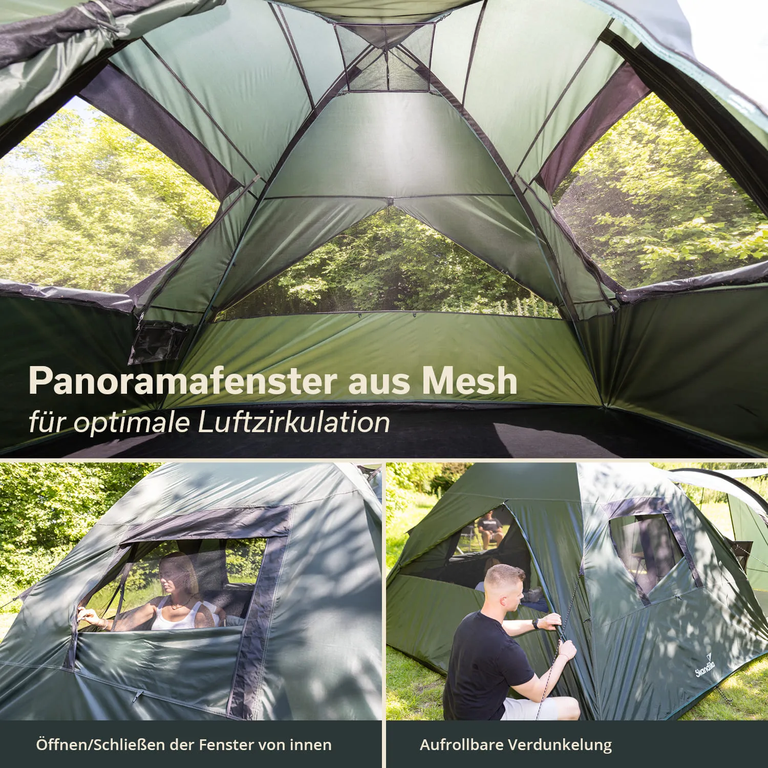 Panoramafenster aus Mesh in einem Zelt, zwei Bilder von einem Zelt mit geöffneten Fenstern und einer Person, die daran arbeitet.