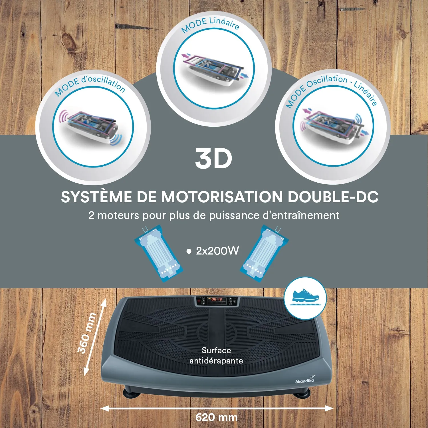 Vibrationsplatte mit rutschfester Oberfläche und technischen Spezifikationen. Maße: 620 mm x 360 mm. Drei Modi dargestellt.