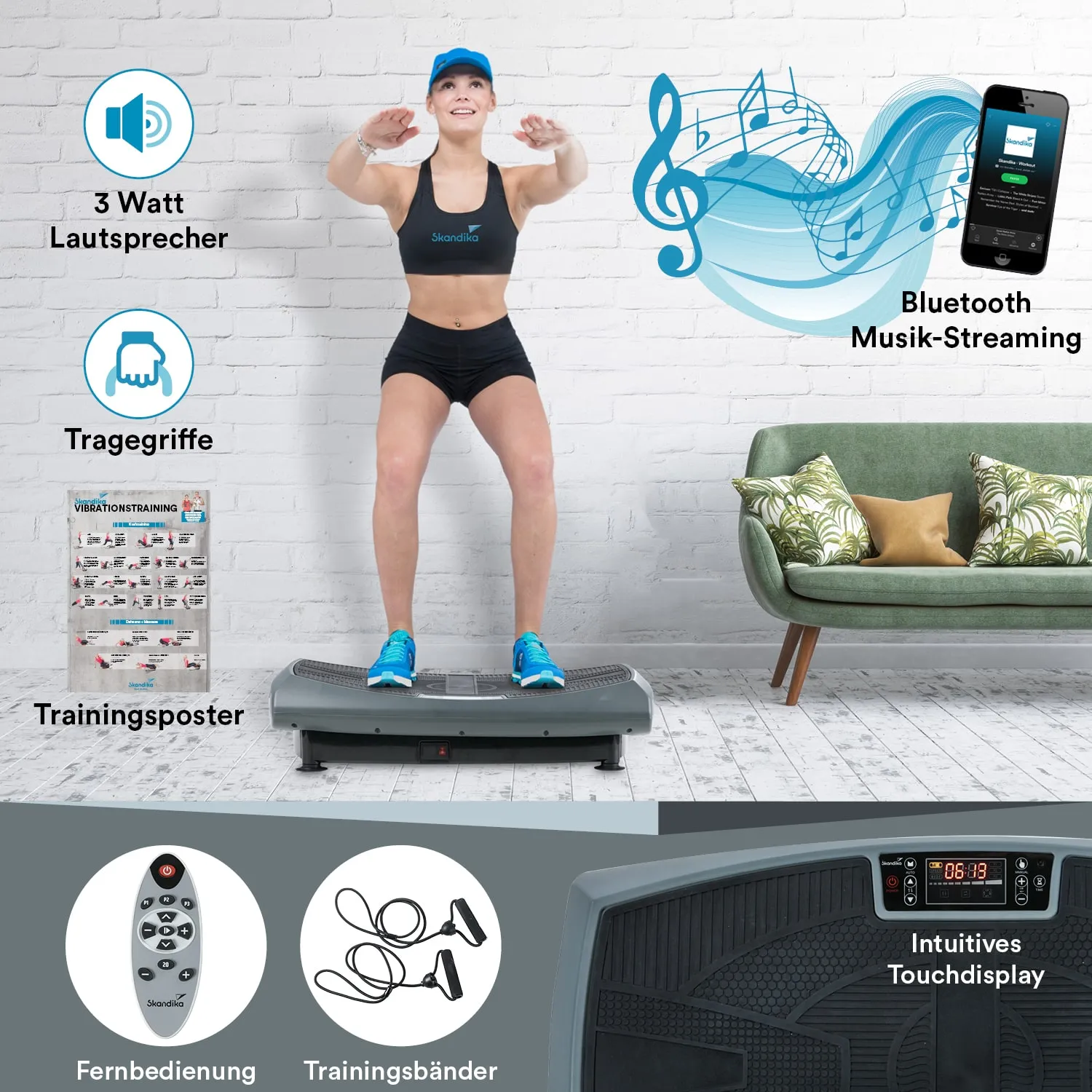 Person steht auf einem Vibrationsgerät in Sportkleidung. Im Hintergrund eine grüne Couch und ein Trainingsposter.