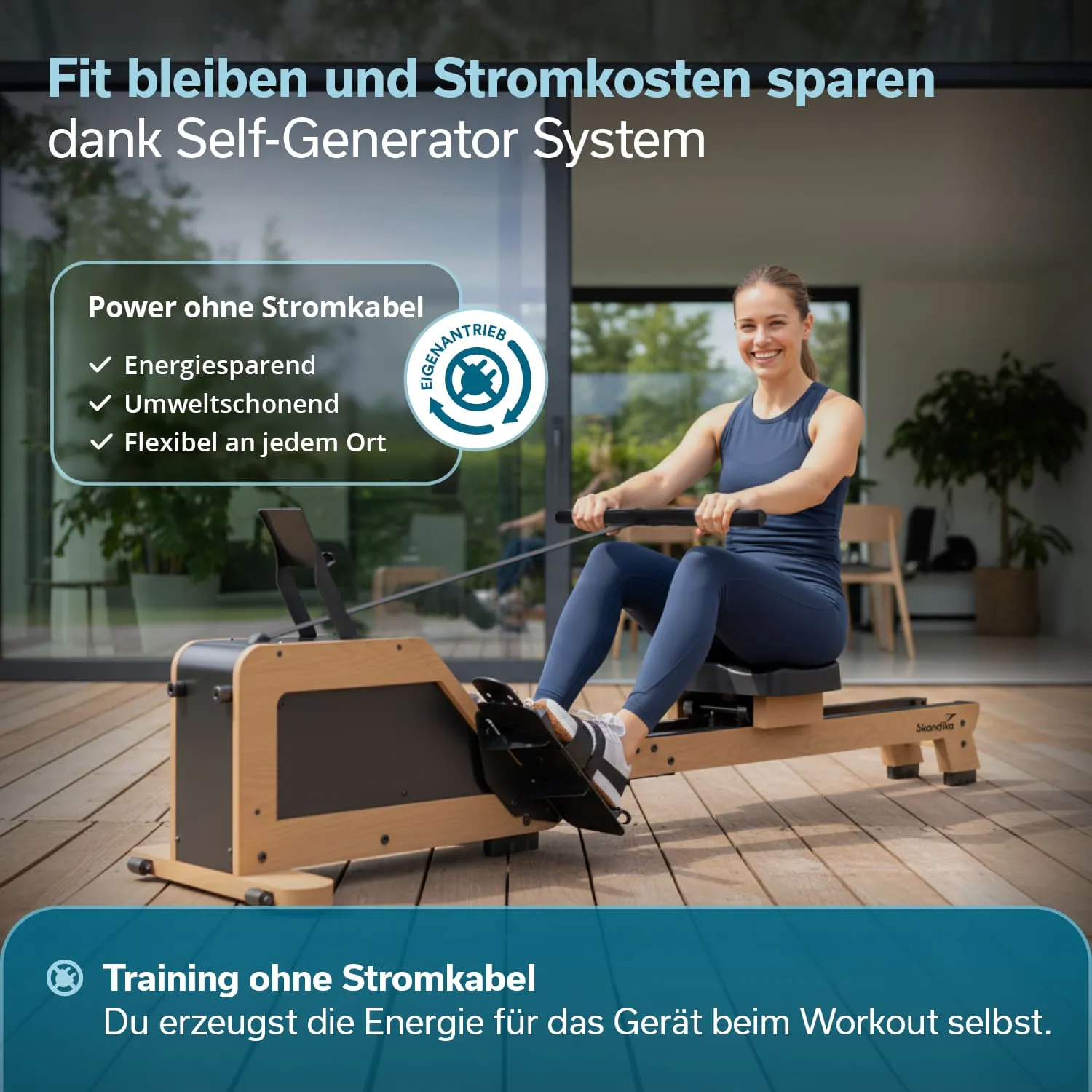 Rudergerät in einem modernen Raum eine Person sitzt aktiv auf dem Gerät. Fenster im Hintergrund, Holzboden sichtbar.